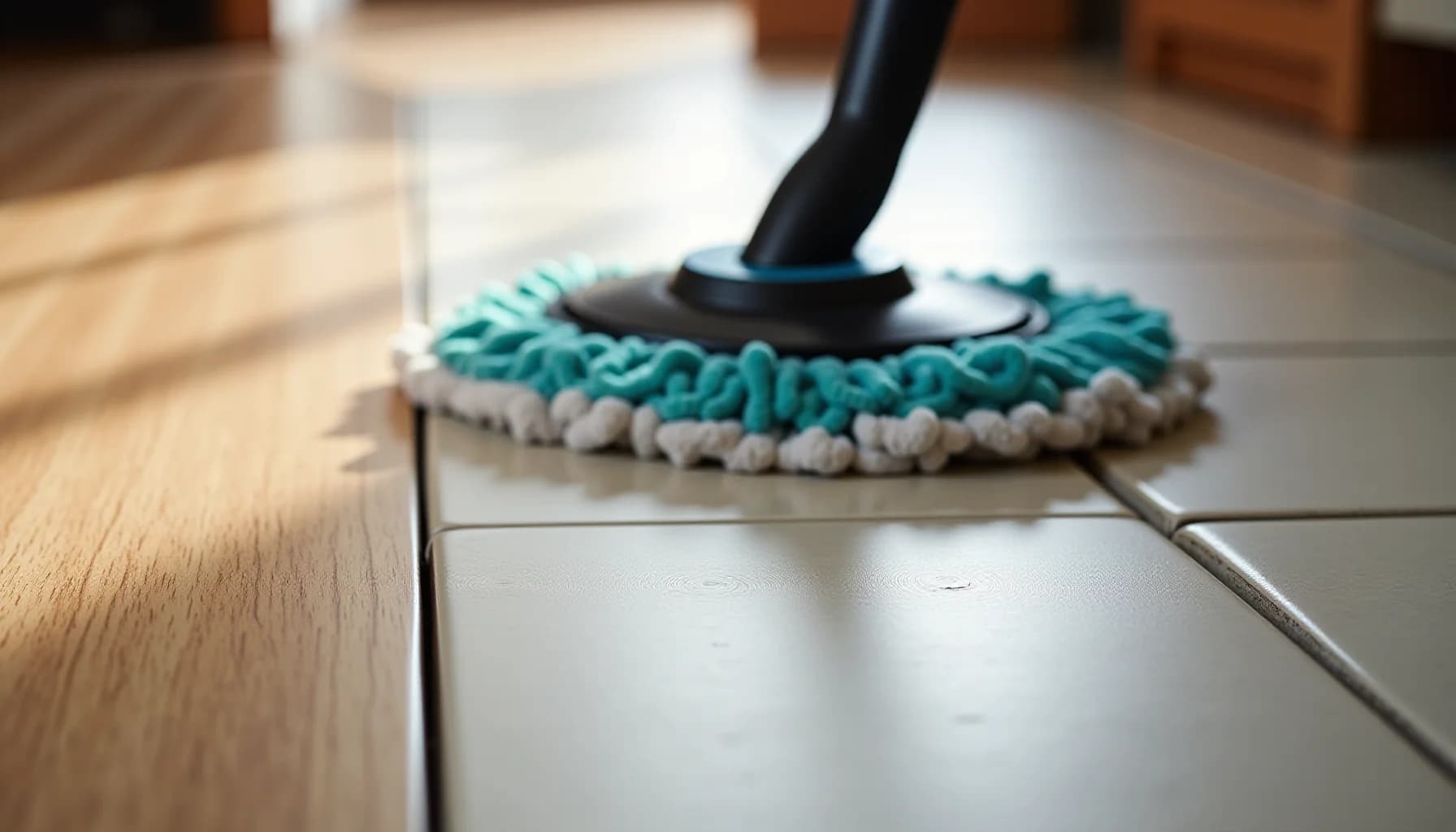 A teal and white microfiber mop head on a black handle being used on a wooden and tiled floor surface