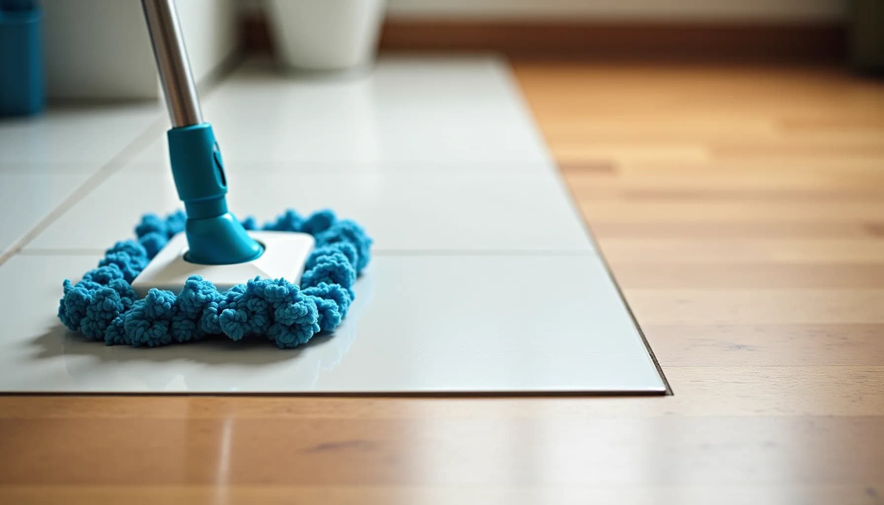 Blue microfiber mop head on metal handle cleaning a white tile floor next to wooden surface, with white containers