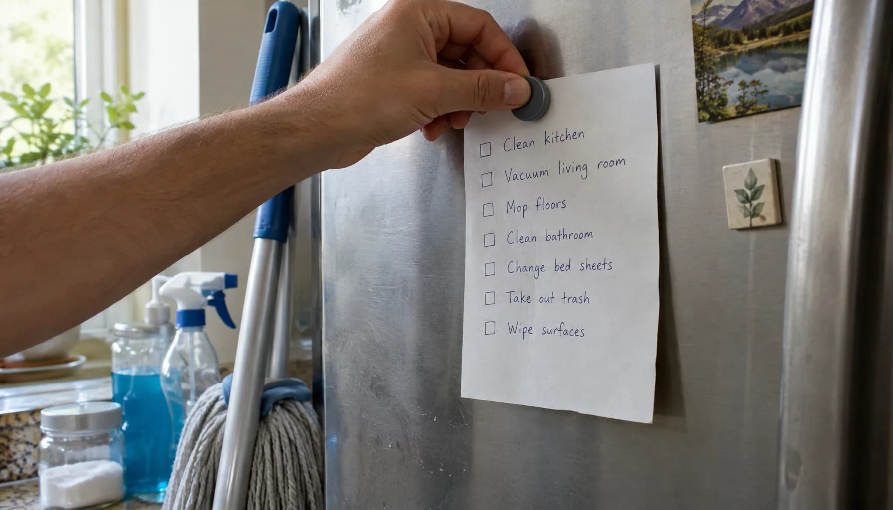 A man's hand pins a weekly cleaning task list to a refrigerator door beside a leaning mop