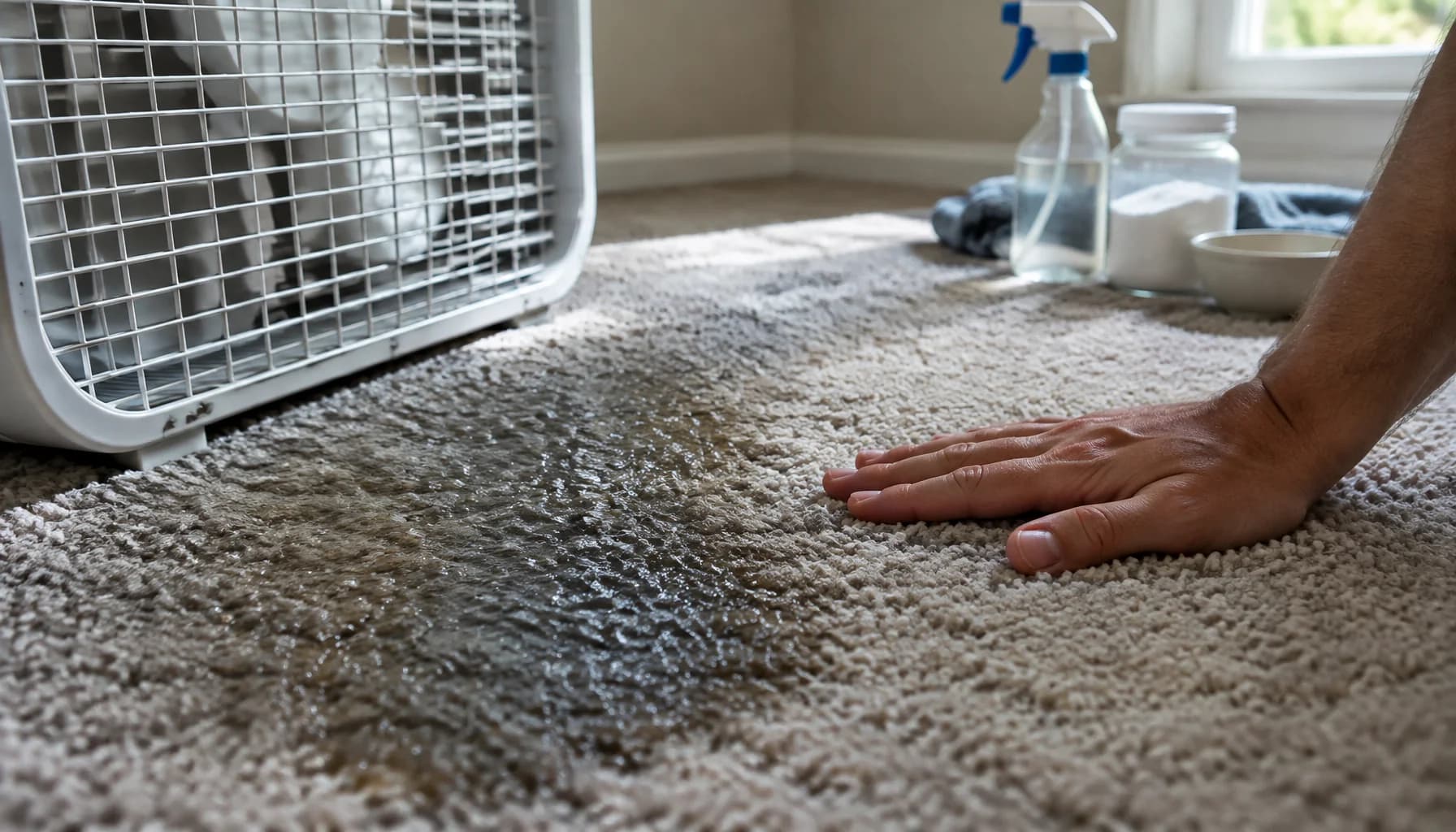 A man presses his bare hand against damp carpet beside a dry patch, with a box fan blowing nearby
