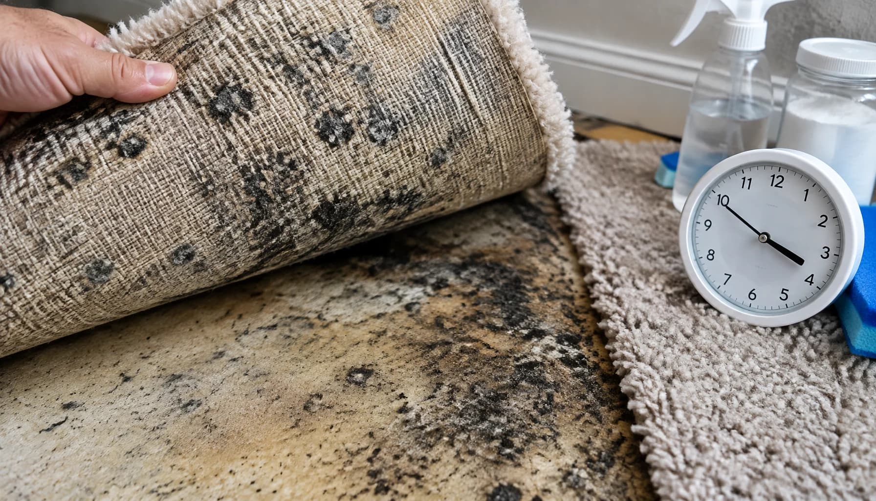 Dark mold colonies visible on wet carpet backing peeled halfway back, a plain clock beside it