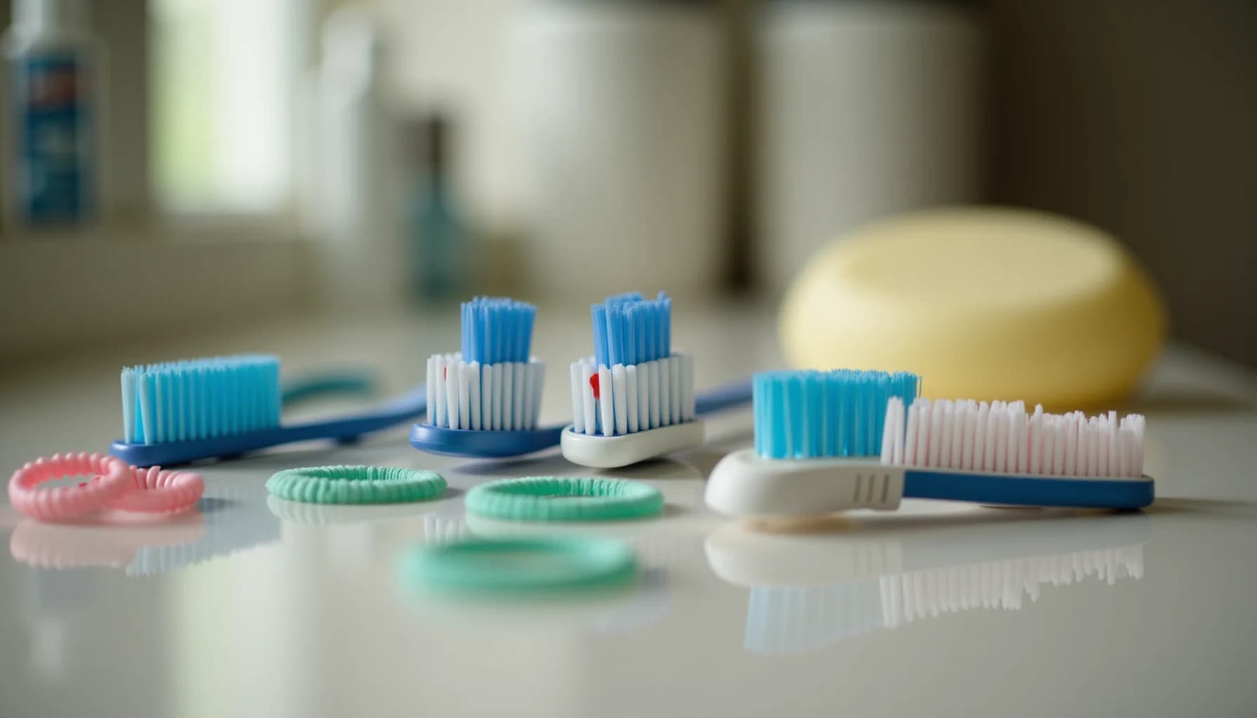 Multiple toothbrushes with blue, green, and white bristles and handles arranged on a white surface alongside green
