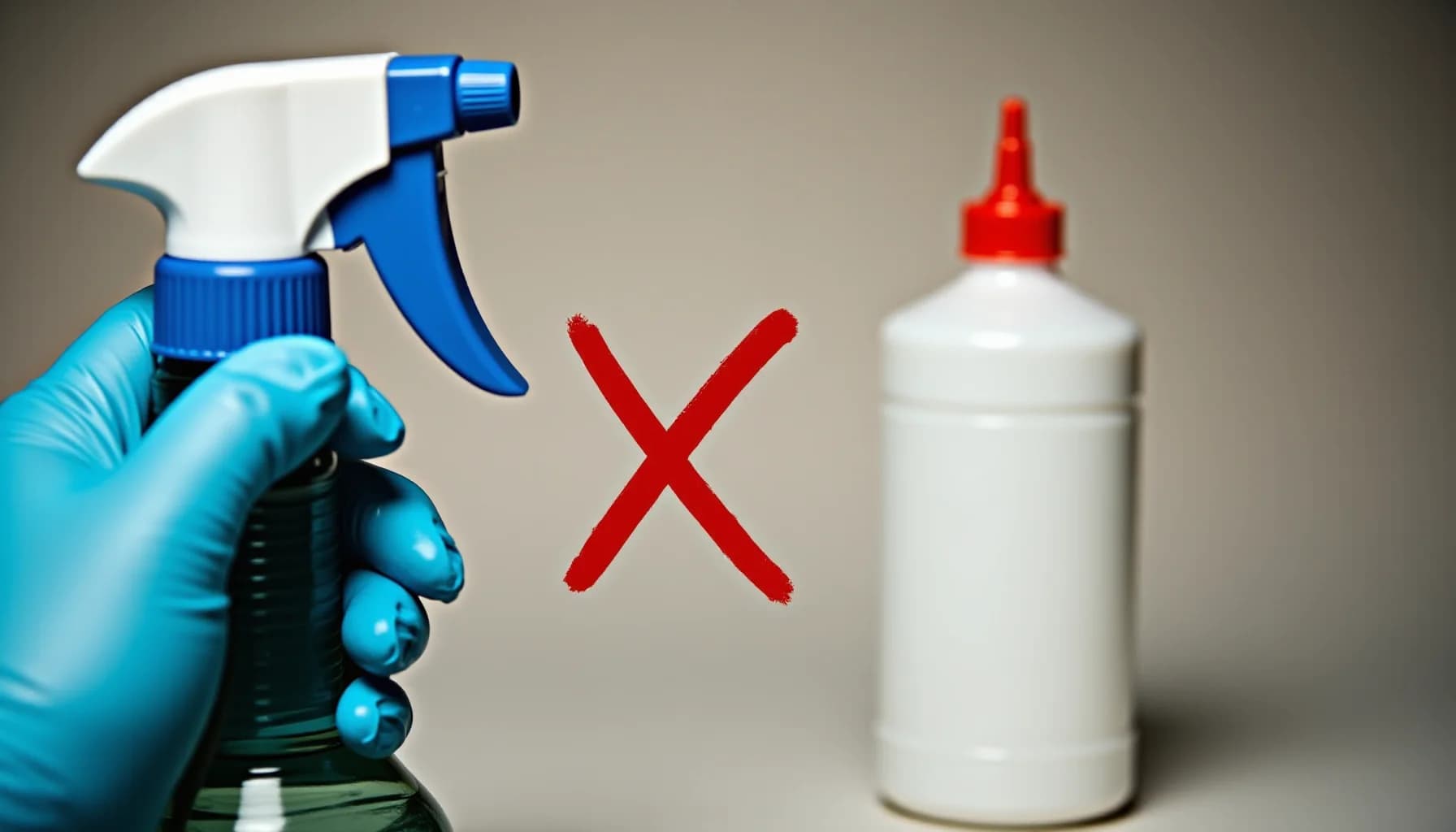 Gloved hand holding blue spray bottle on left; white bottle with red cap and red X mark on right, against neutral