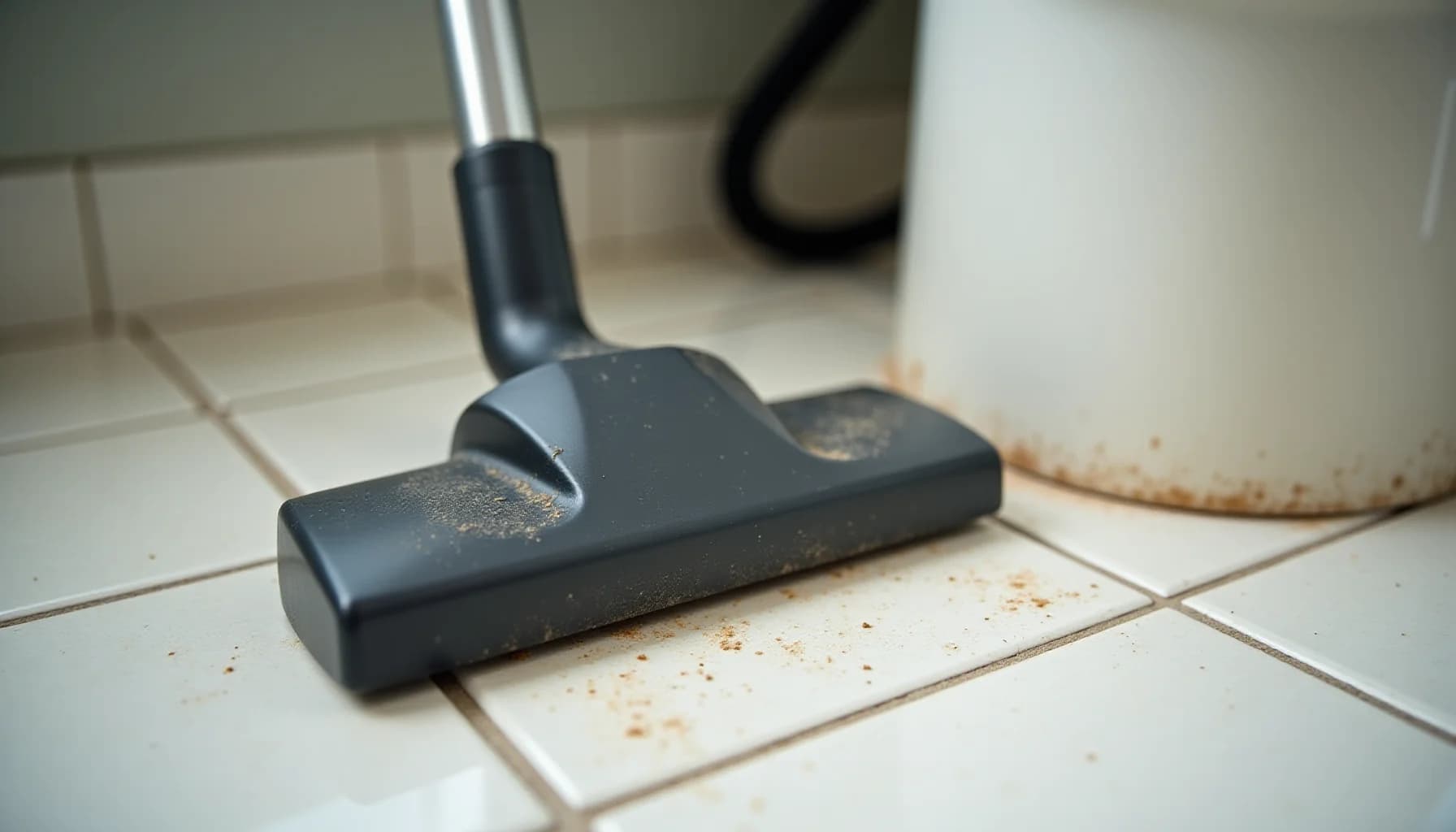 Black vacuum cleaner head positioned on white ceramic floor tiles with scattered crumbs and debris, chrome pole visible