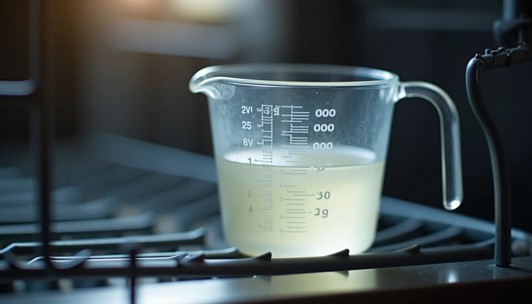 Glass measuring jug filled with clear pale liquid on a black stovetop burner grate, with measurement markings visible