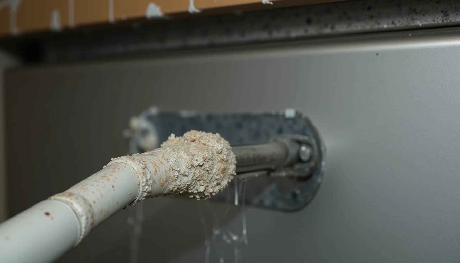 White pipe or spray arm encrusted with beige mineral buildup, positioned in front of a dark dishwasher interior