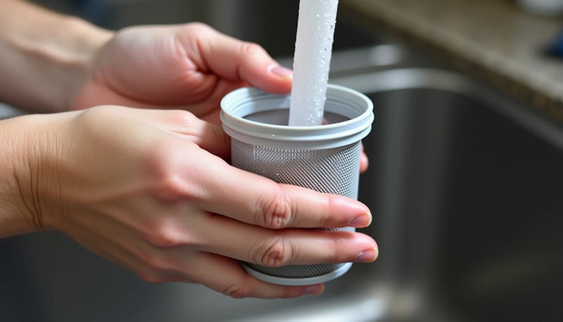 Child's hand holding a cylindrical metal mesh dishwasher filter under flowing tap water