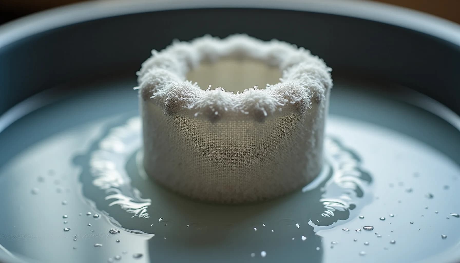 A white fabric pouch filled with white powder sitting in a shallow pool of water on a light blue surface, with water