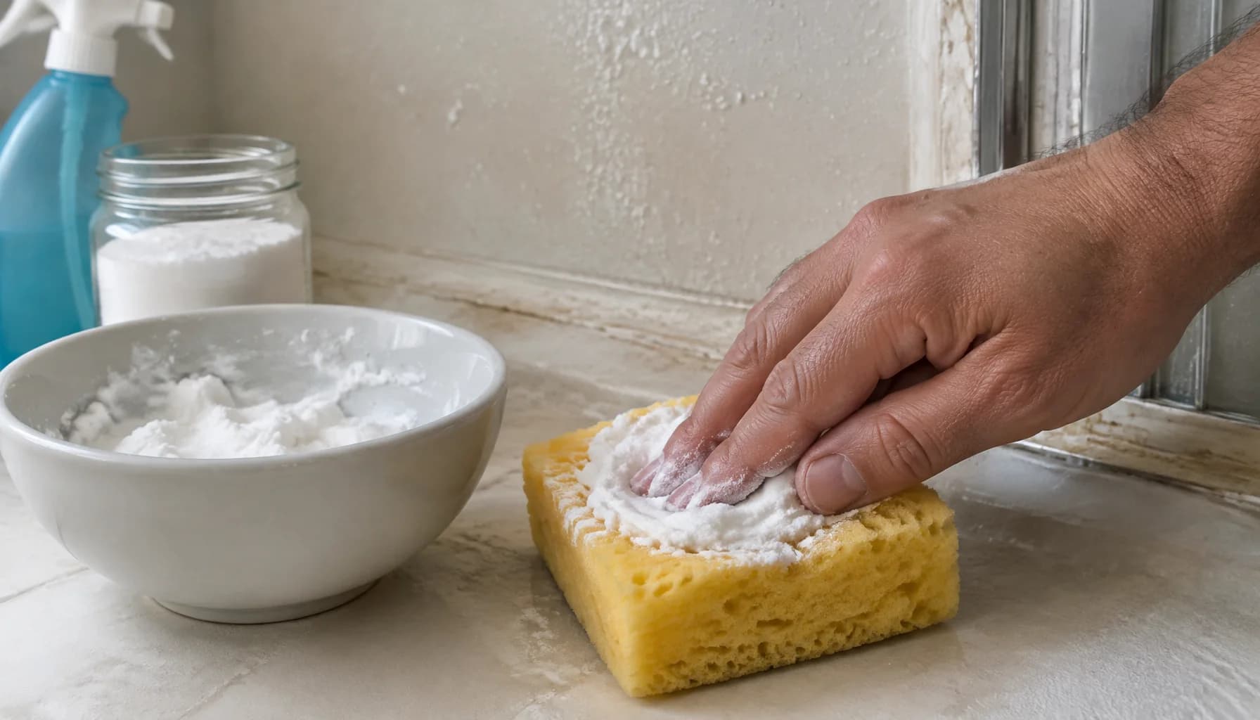 A man's hand spreads white baking-soda paste from a bowl onto a soft sponge near a fiberglass shower wall