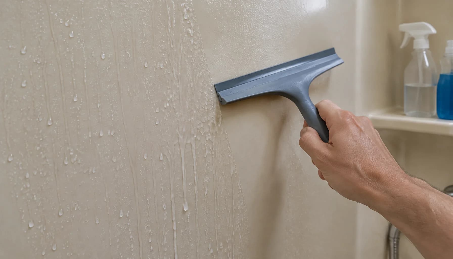 A man's hand pulls a squeegee down a fiberglass shower wall, leaving one dry half beside a wet streaked half
