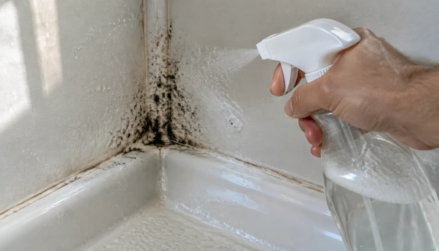 A man sprays a trigger bottle onto a mildew-stained fiberglass shower corner with dark spots visible nearby