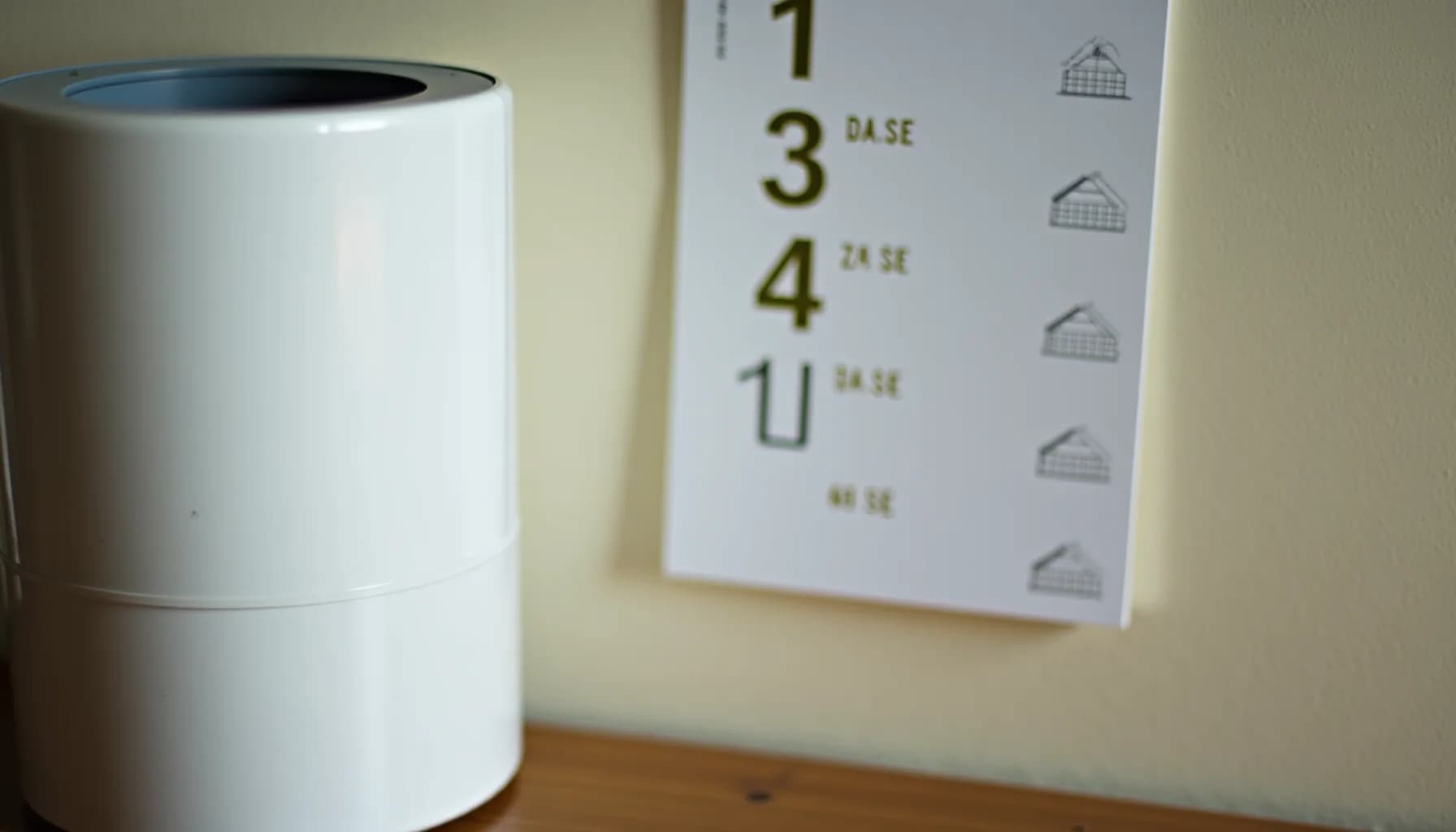 White cylindrical humidifier device next to a paper card listing building floors with small house icons