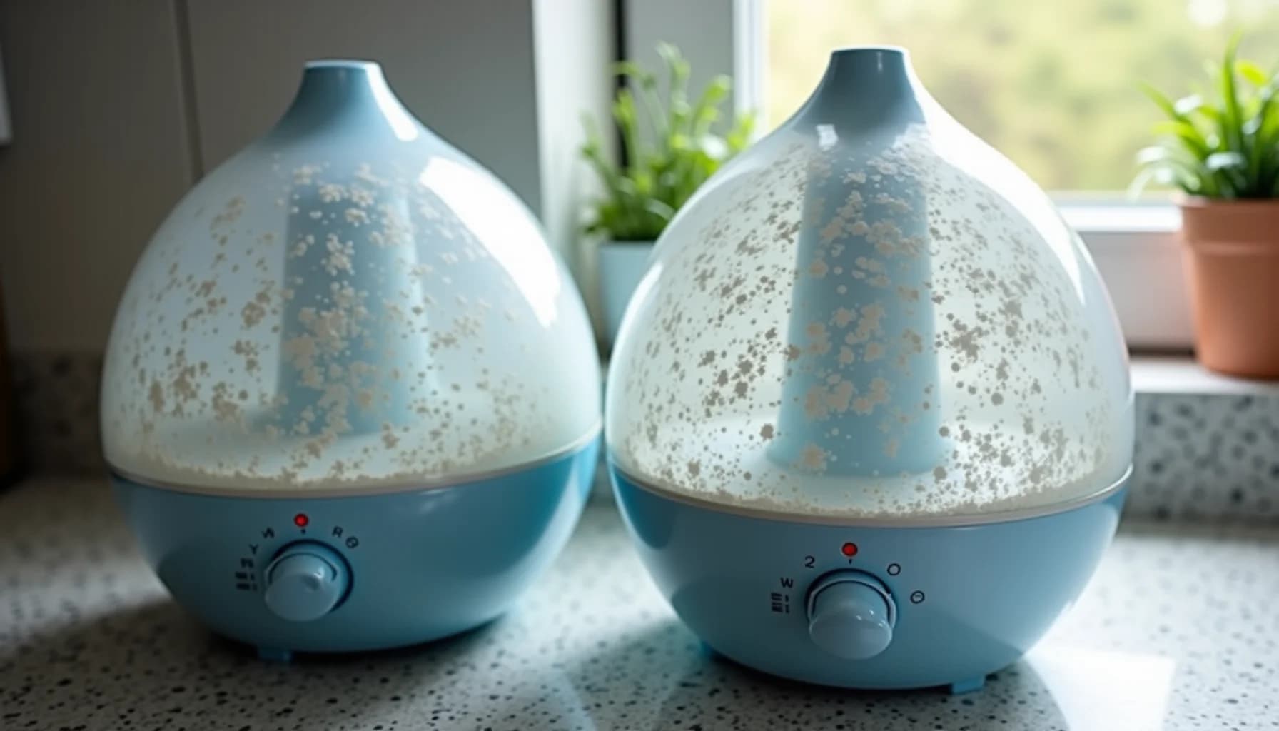 Two blue teardrop-shaped humidifiers with white mineral deposits and mold accumulation on their domed tops, displayed