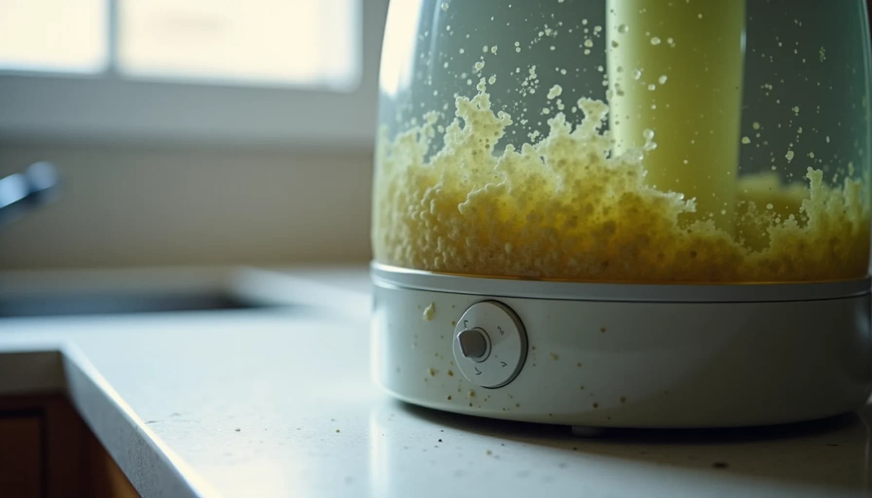 White humidifier on a kitchen counter with yellowish-green mold or mineral deposits visible inside the translucent tank