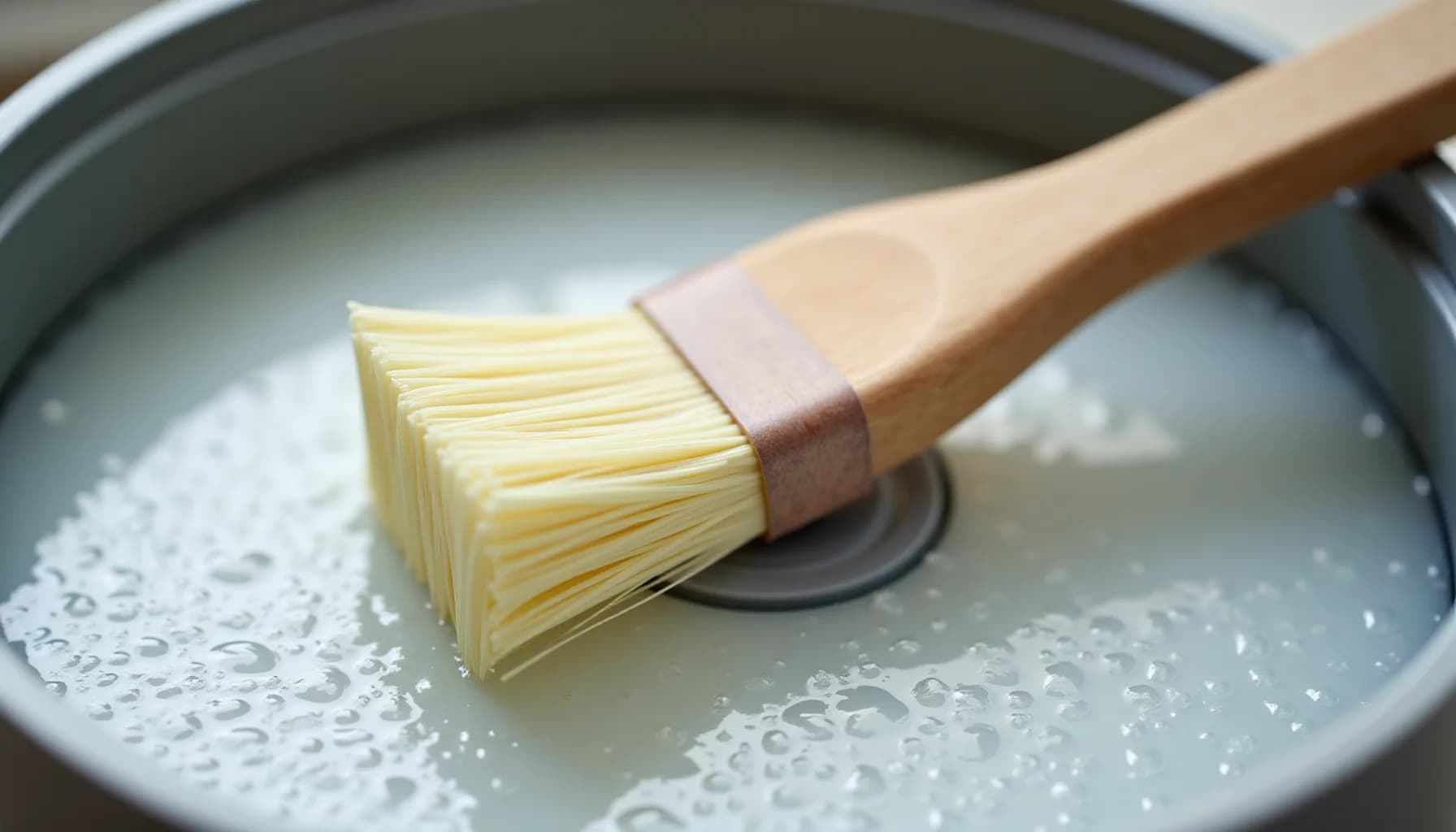 Paintbrush with yellow bristles and wooden handle resting on a gray non-stick pan surface covered with water droplets
