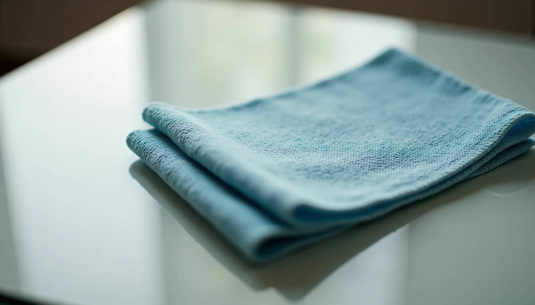 Folded blue microfiber cloth on a white surface