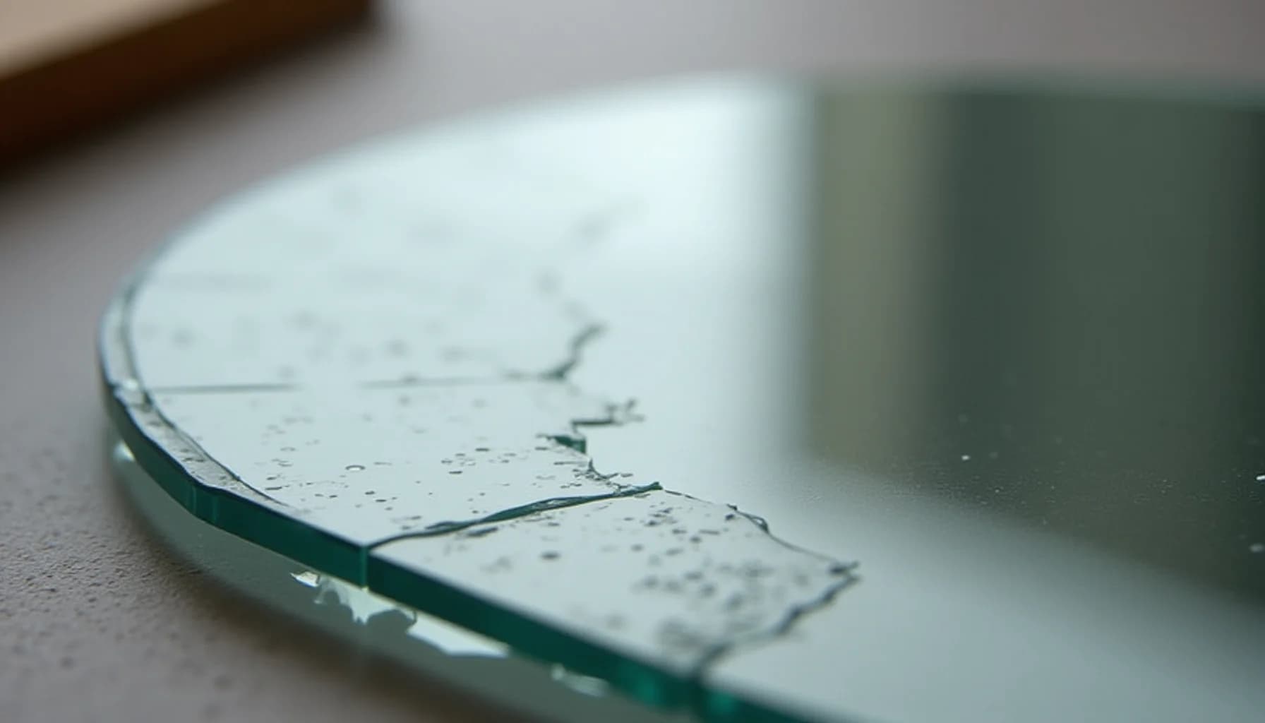 Broken mirror shard with jagged edges and water droplets on a gray surface