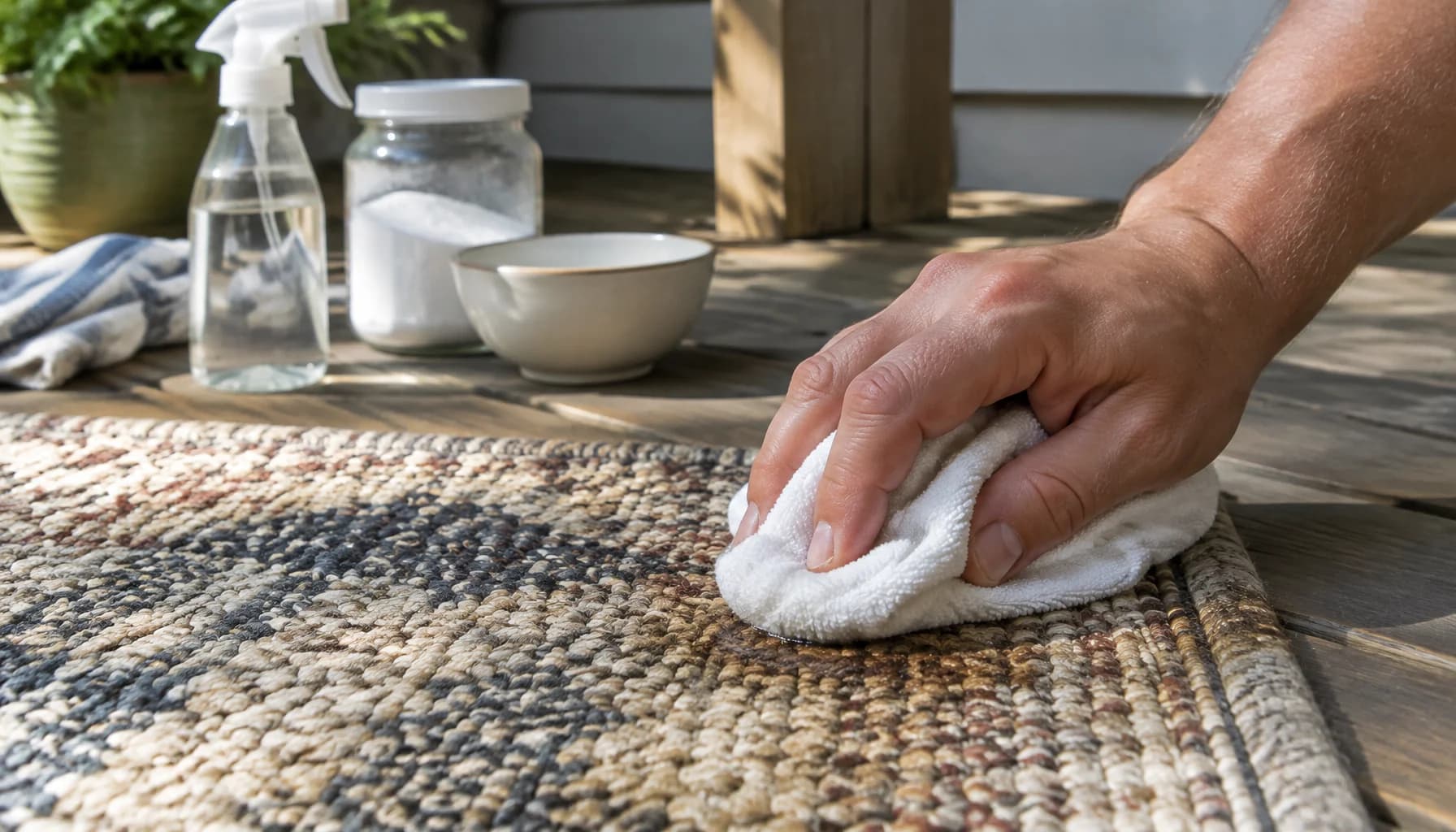 A man's hand presses a white cloth onto a hidden corner of a flat rug on a sunny porch