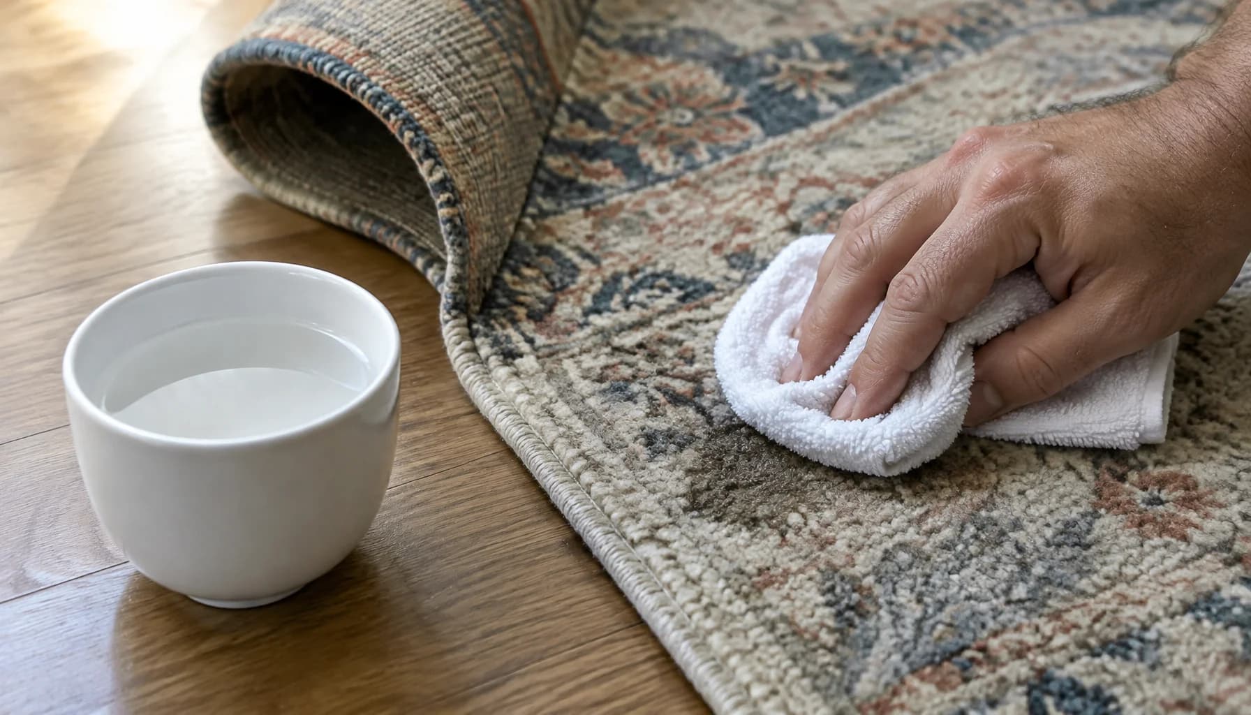 A man's bare hand presses a dry white cloth onto a damp hidden corner of a rolled-back rug