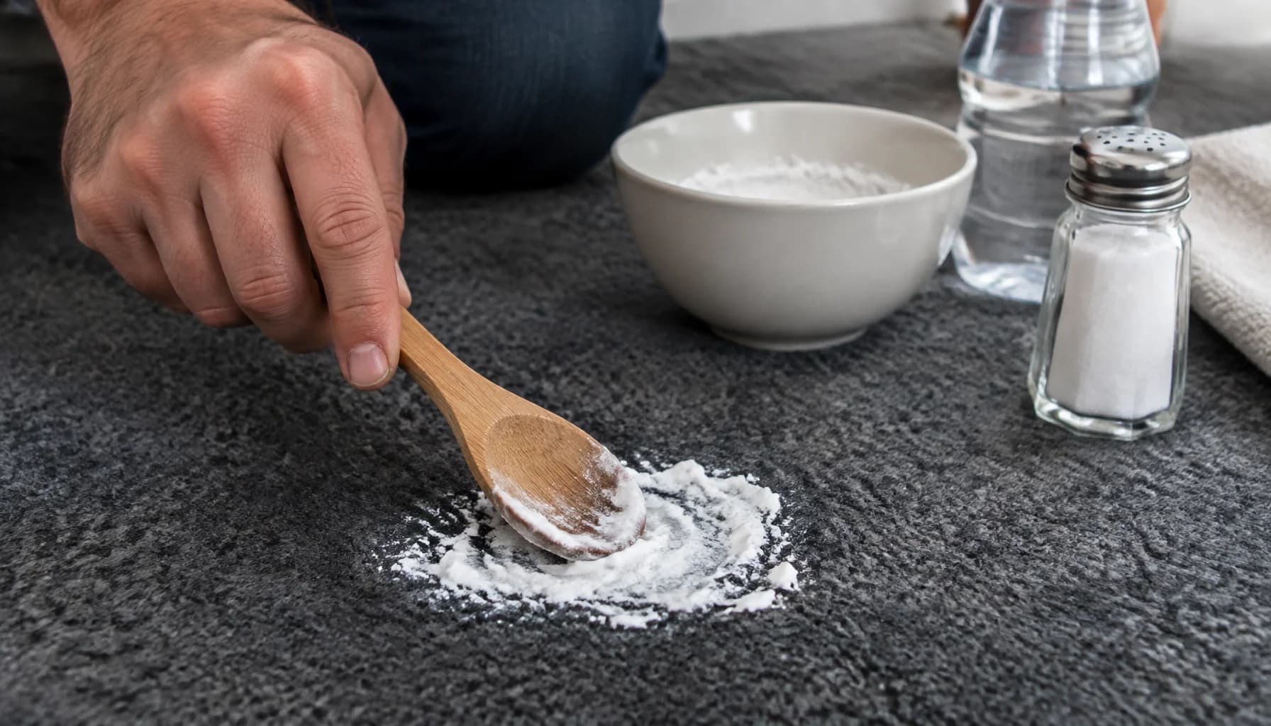A man presses white paste into a dark carpet stain using a wooden spoon, with a bowl nearby