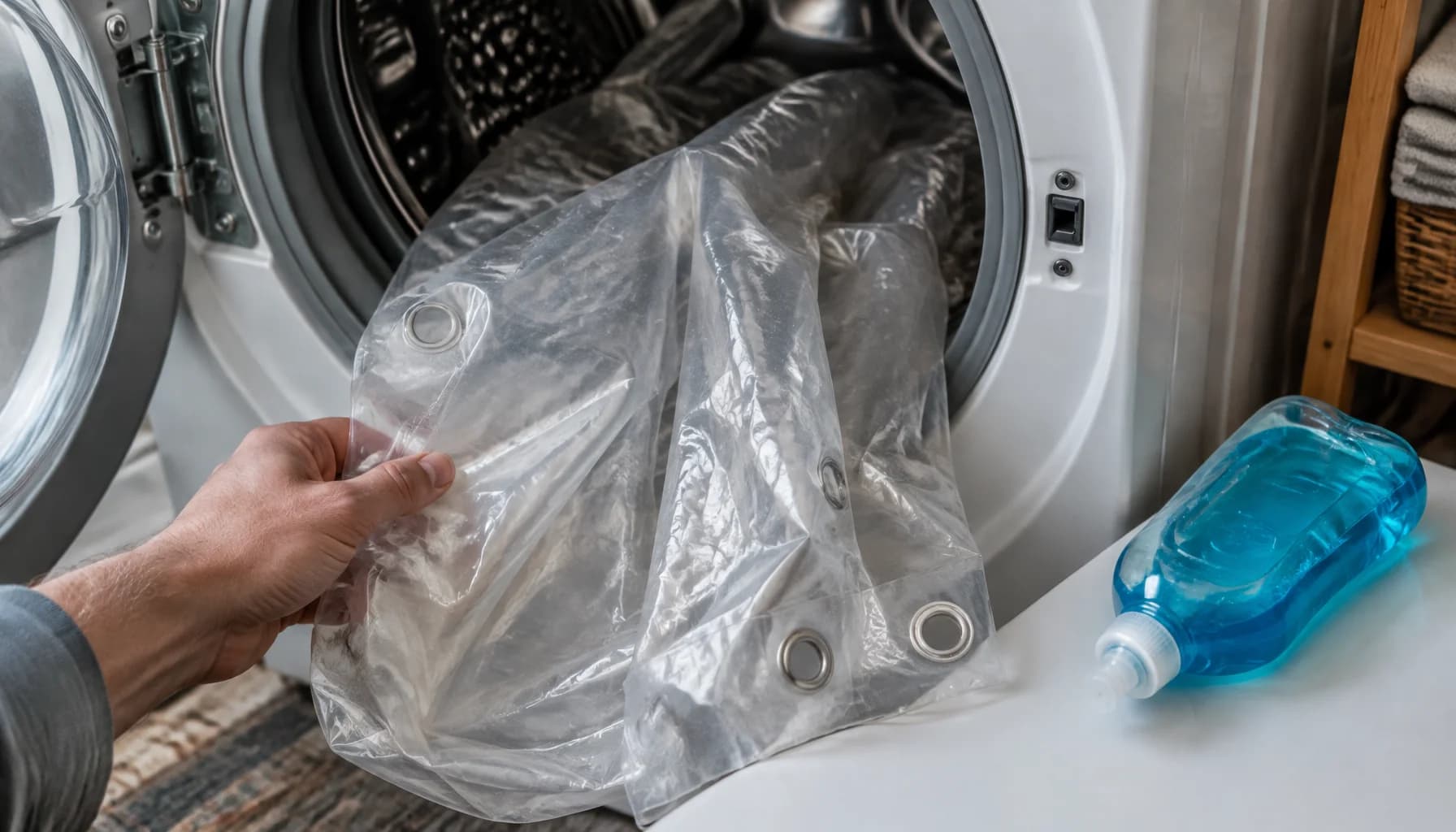 A plastic shower curtain liner loaded into a washing machine beside a squeeze bottle of dish soap