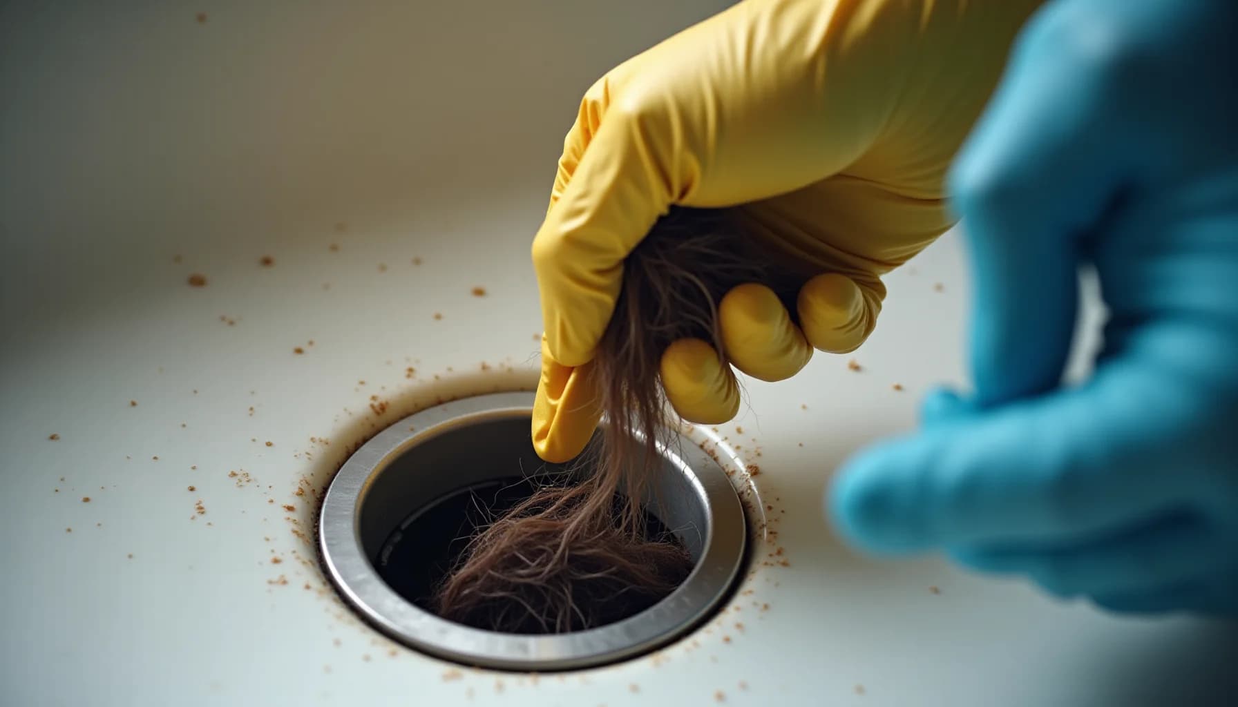 Gloved hands holding hair over a shower drain opening, with cleaning supplies visible