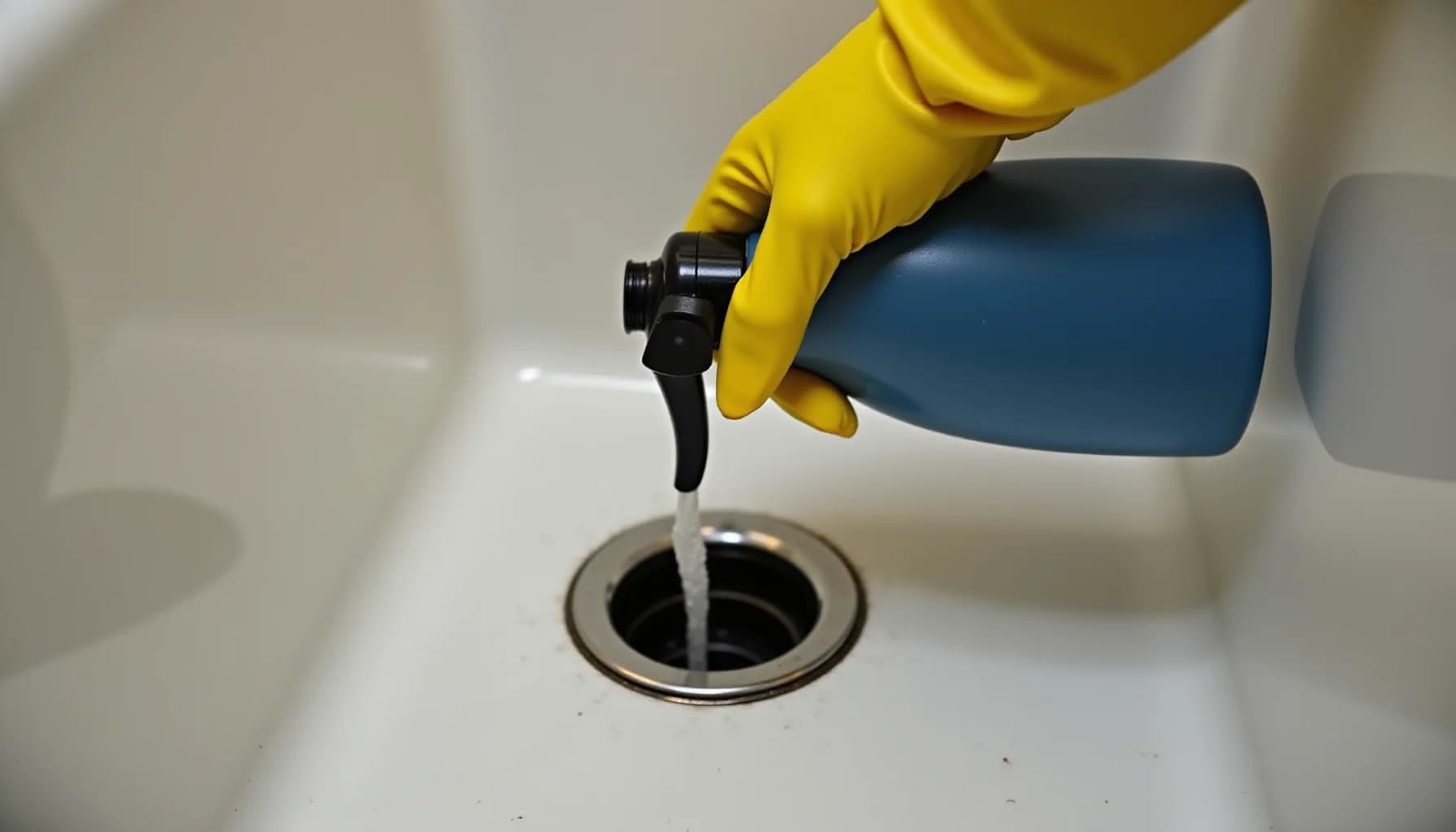 Hand in yellow glove pouring blue liquid from a spray bottle into a white sink drain opening