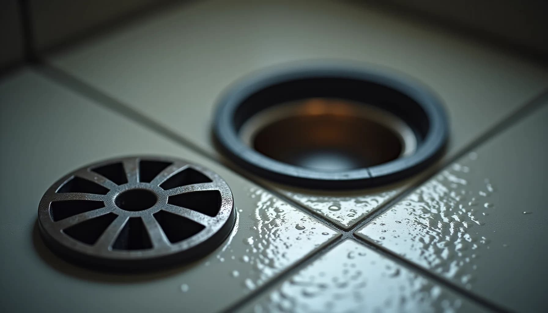Metal shower drain cover with radial vents and blue rubber ring on wet tiled surface with water droplets