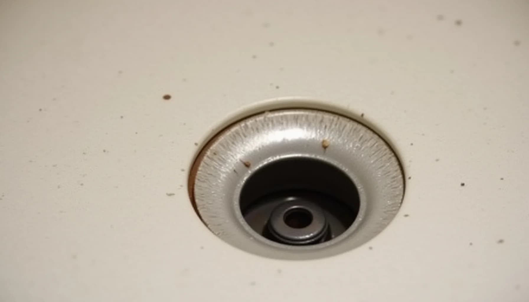 White ceiling-mounted circular fixture with textured trim and dark central mechanism