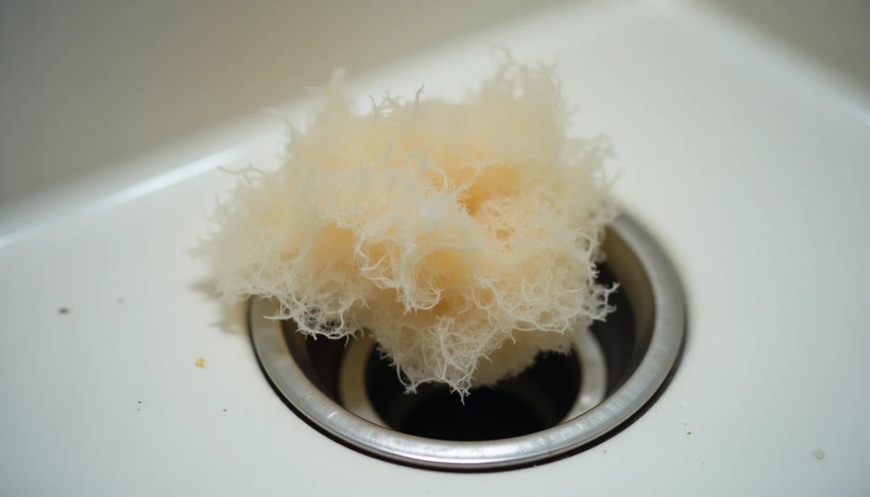A cream-colored mesh scrubbing sponge positioned above a metal drain opening on a white surface