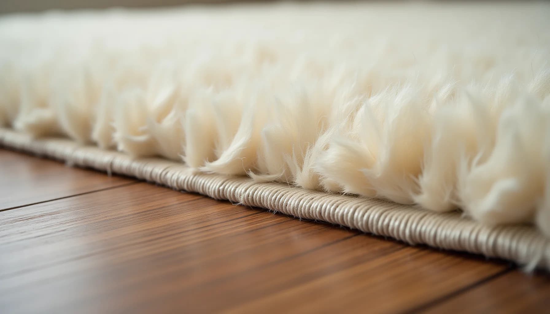 cream-colored wool rug with bound edge on wooden floor