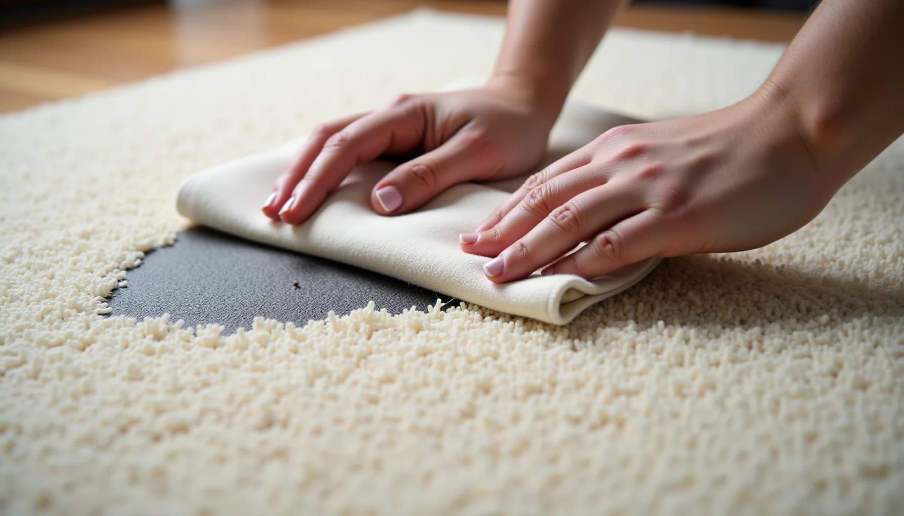 Two hands pressing a white cloth onto a cream-colored wool rug with a dark stain, on wooden flooring