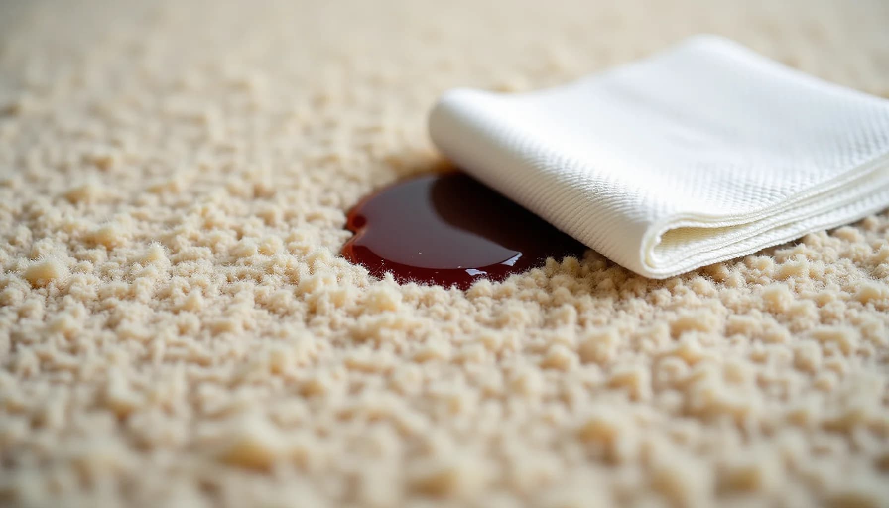 White cloth blotting a dark red liquid stain on a beige wool carpet texture