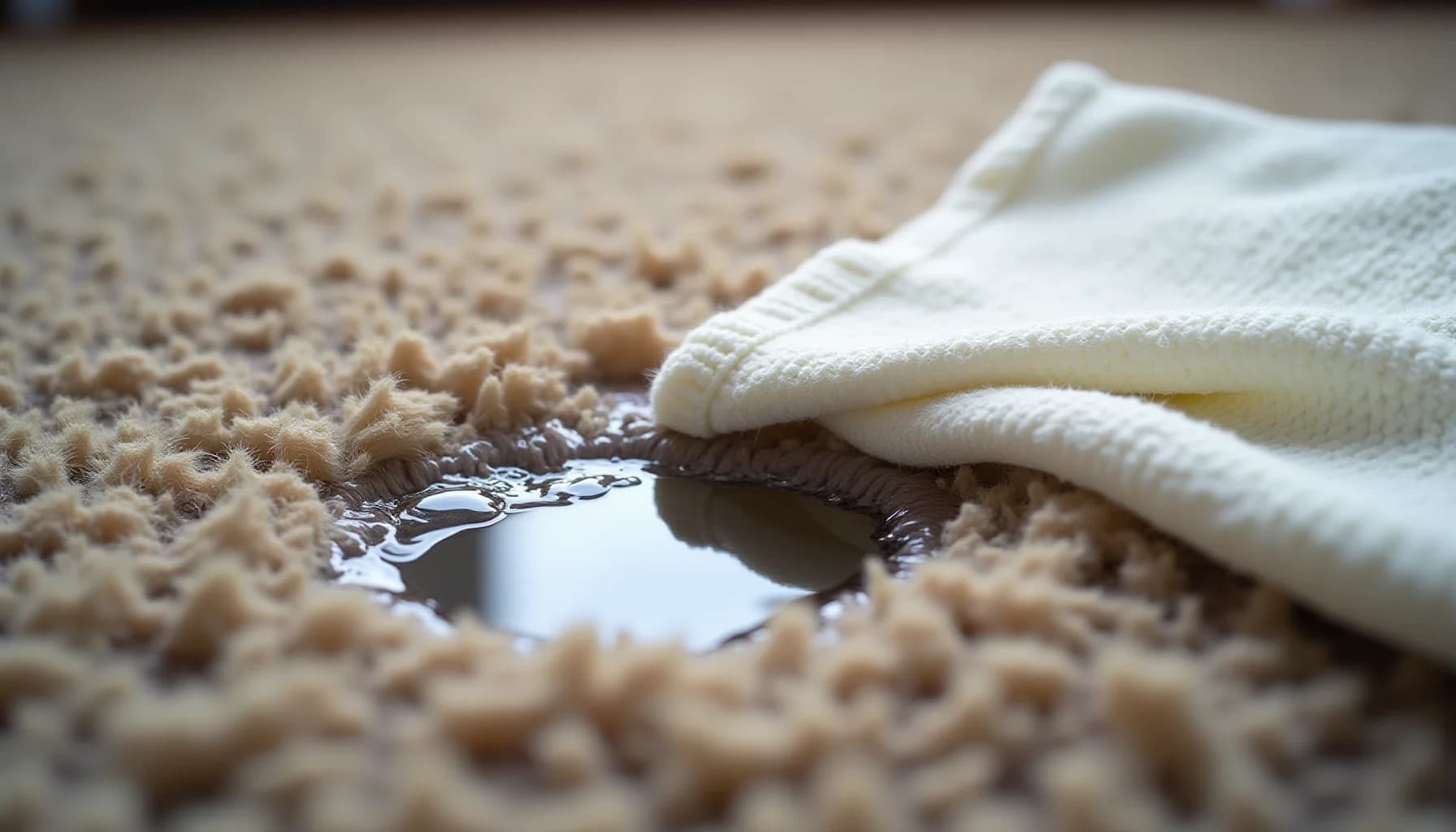 A white-gloved hand with a cloth cleaning a wet spot on a beige wool rug with visible texture and fibers