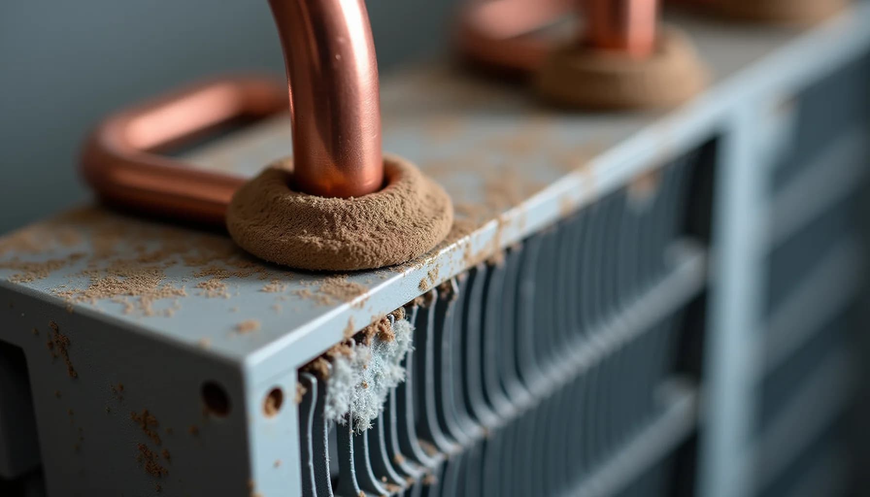 a copper tube with tan dust and a brush with copper handle resting on a gray finned air conditioning coil