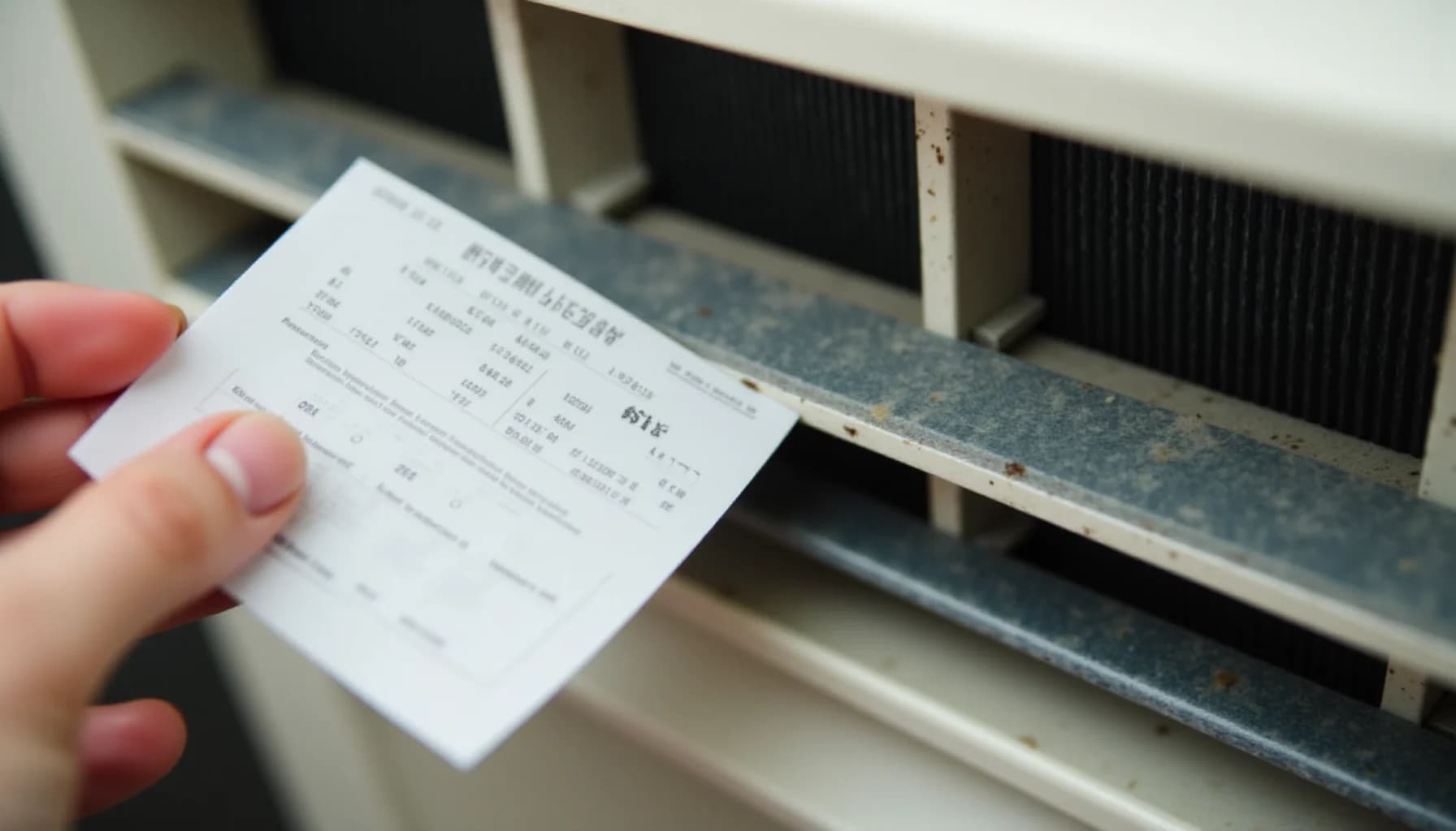 Hand holding a printed document next to an air conditioning unit with visible fins and metallic components