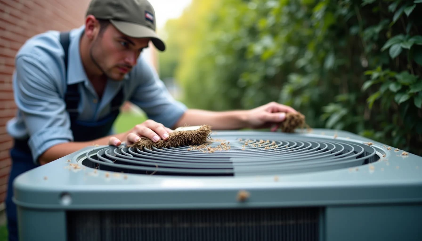 Technician in blue shirt and cap cleaning debris from air conditioner coil fins with hands, outdoor residential setting