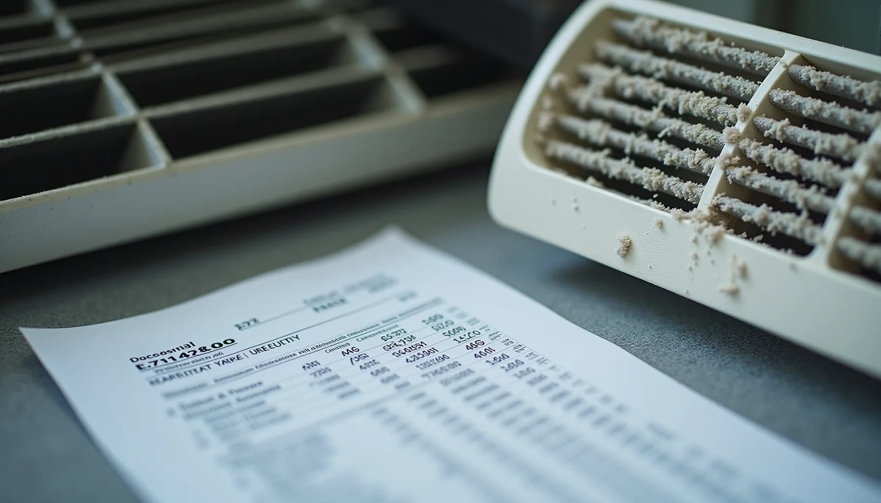Dusty air conditioner coils in white housing and a technical documentation sheet on gray work surface