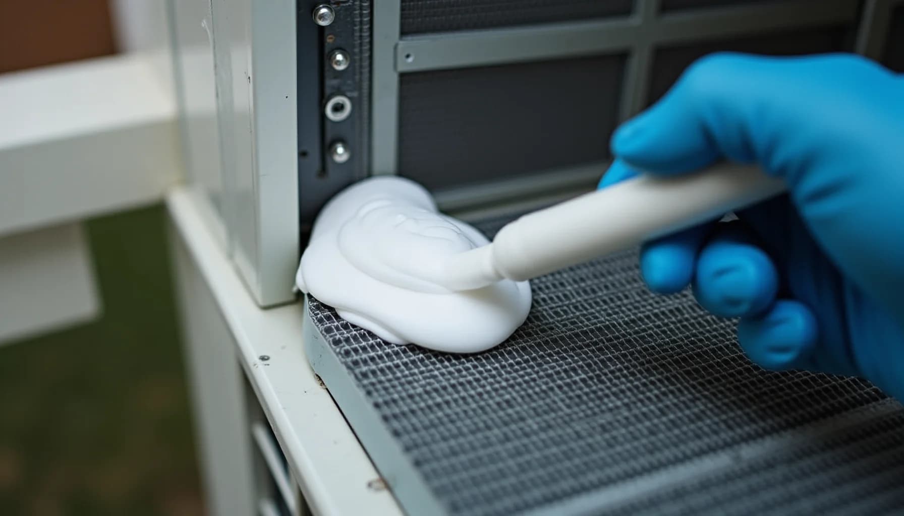 Gloved hand with brush applying white cleaning solution to dark mesh fins of air conditioning equipment in a laboratory