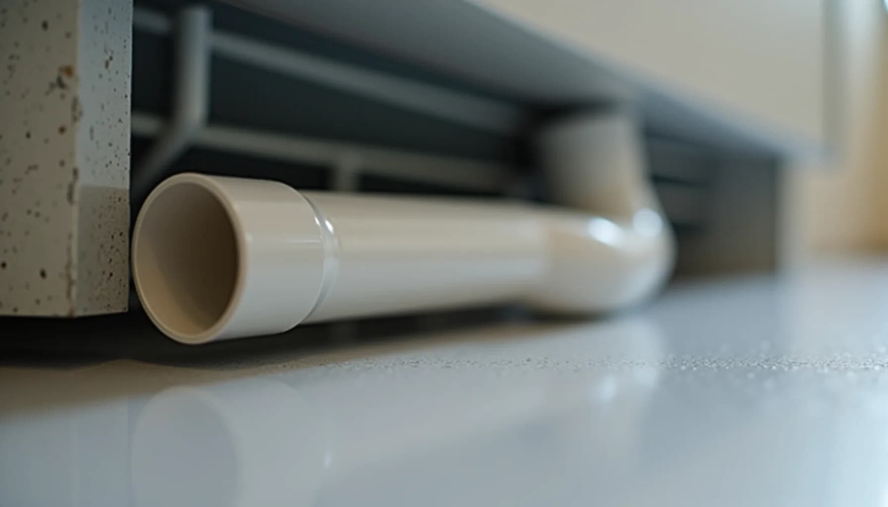 White PVC pipe elbow joint attached to concrete block with blurred HVAC unit in background