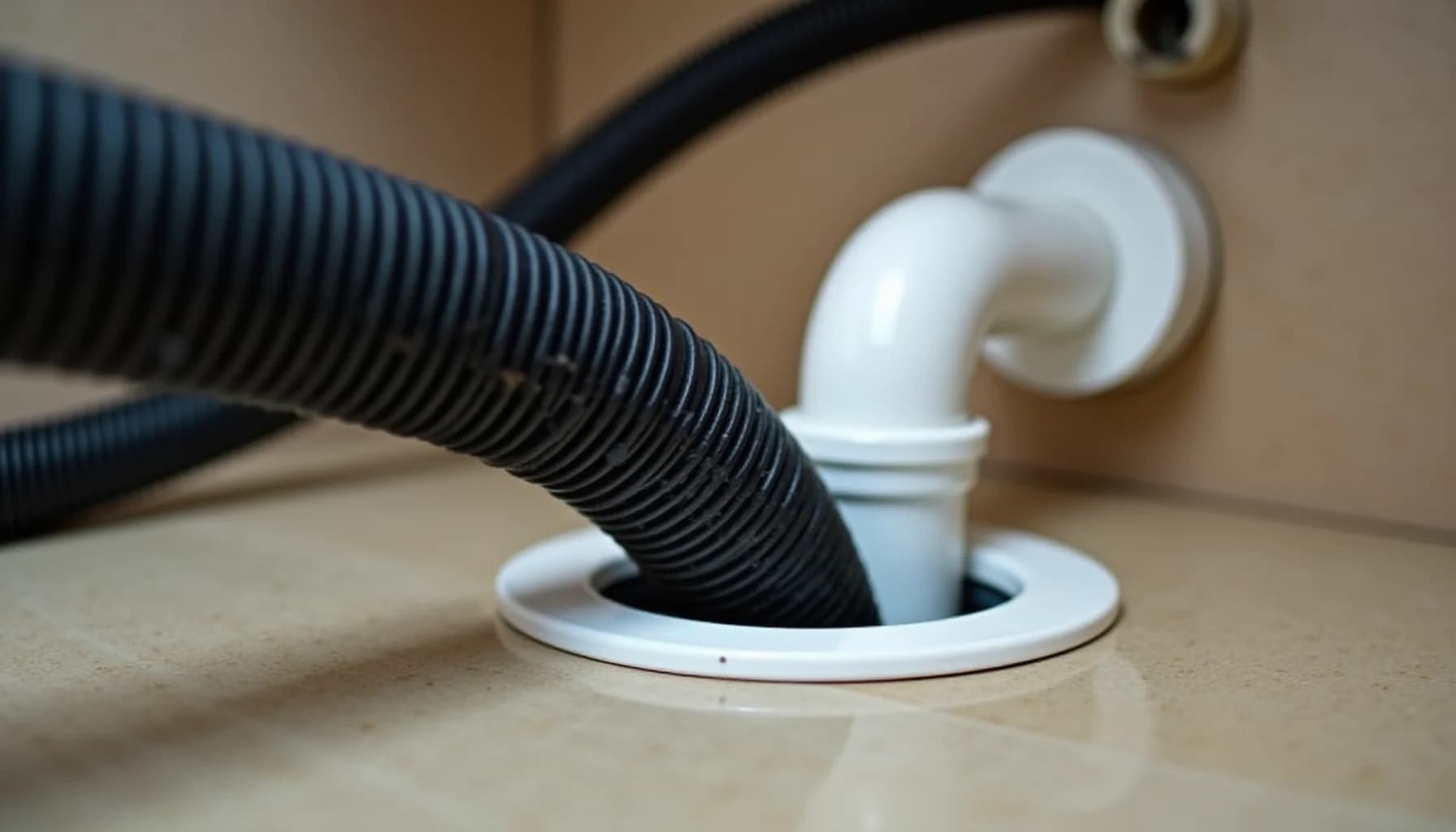 Black flexible drain hose connected to white PVC pipe fittings on a beige floor, showing AC drainage system components