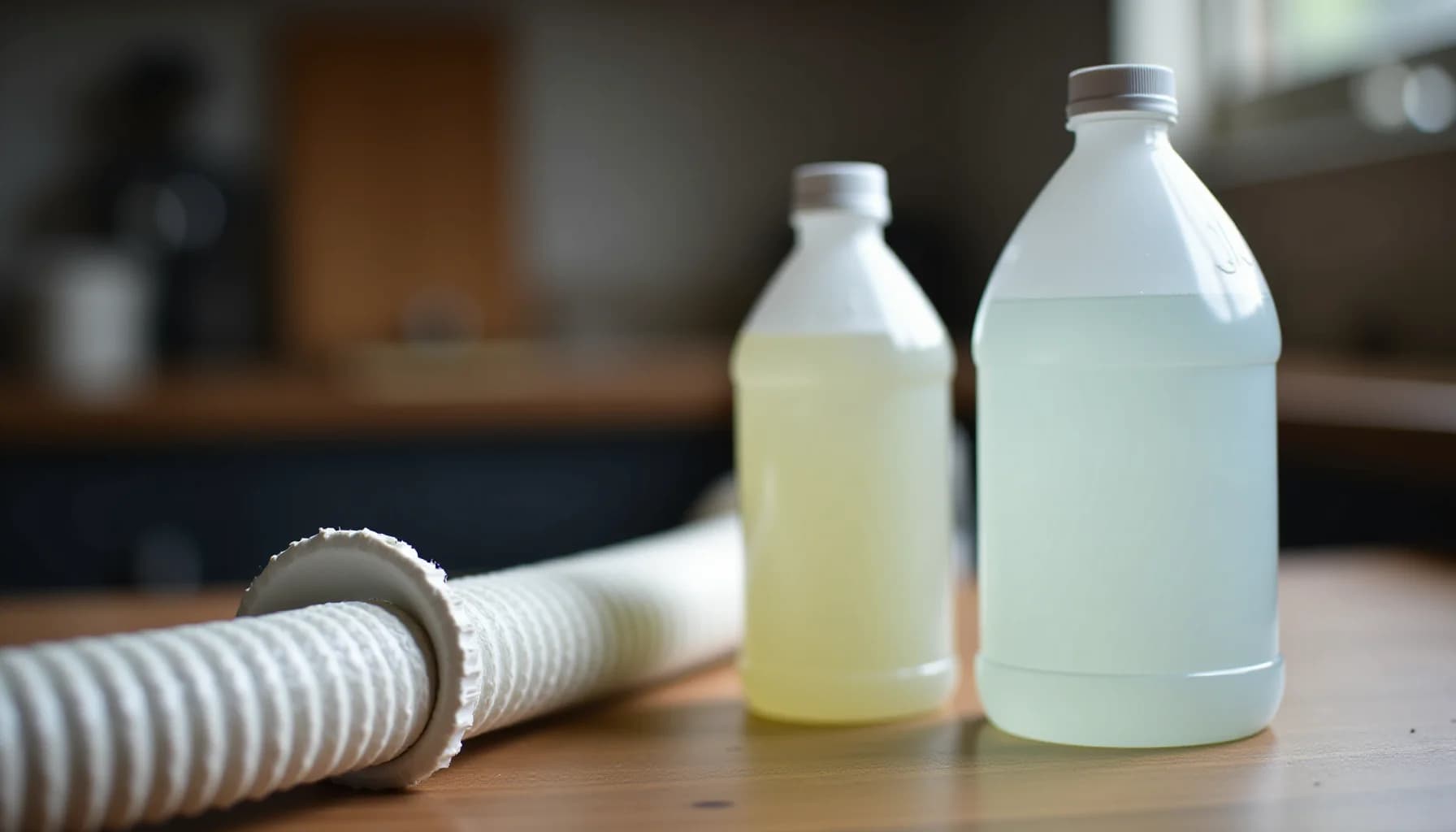 Two plastic bottles with yellowish and pale blue liquids, and a white corrugated pipe section on a wooden surface