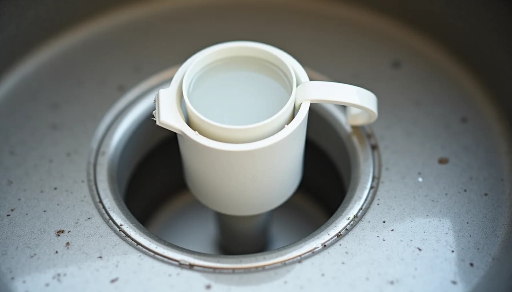 White plastic pitcher with handle containing liquid, positioned inside a metal circular drain opening in a gray surface