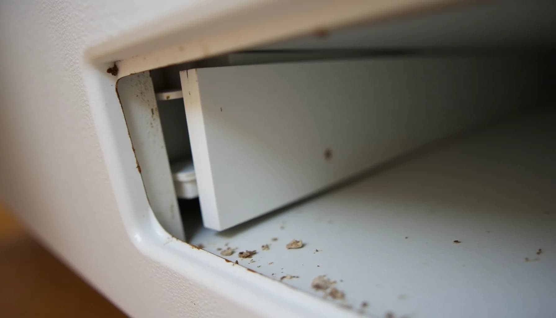 a white plastic AC drain line opening in a ceiling with visible dust and debris accumulation inside