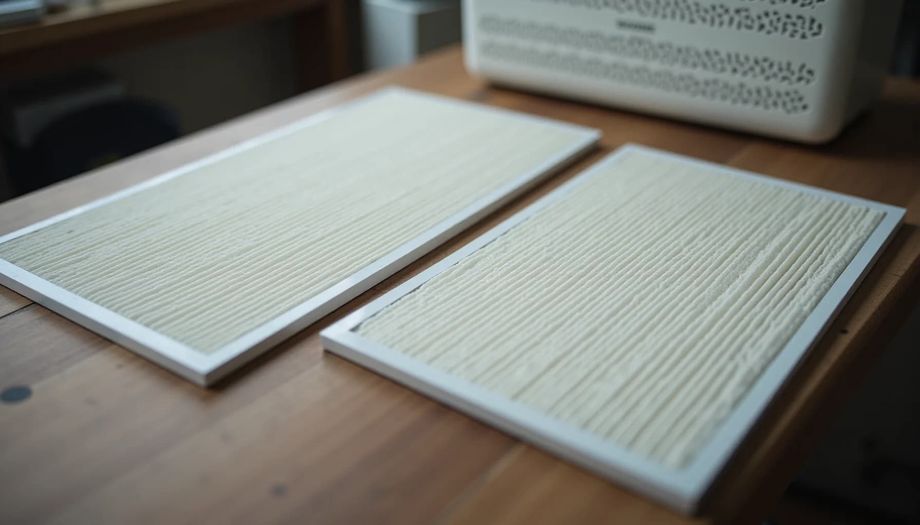 Two white rectangular air purifier filters with pleated surfaces arranged on a wooden desk, with office supplies in the