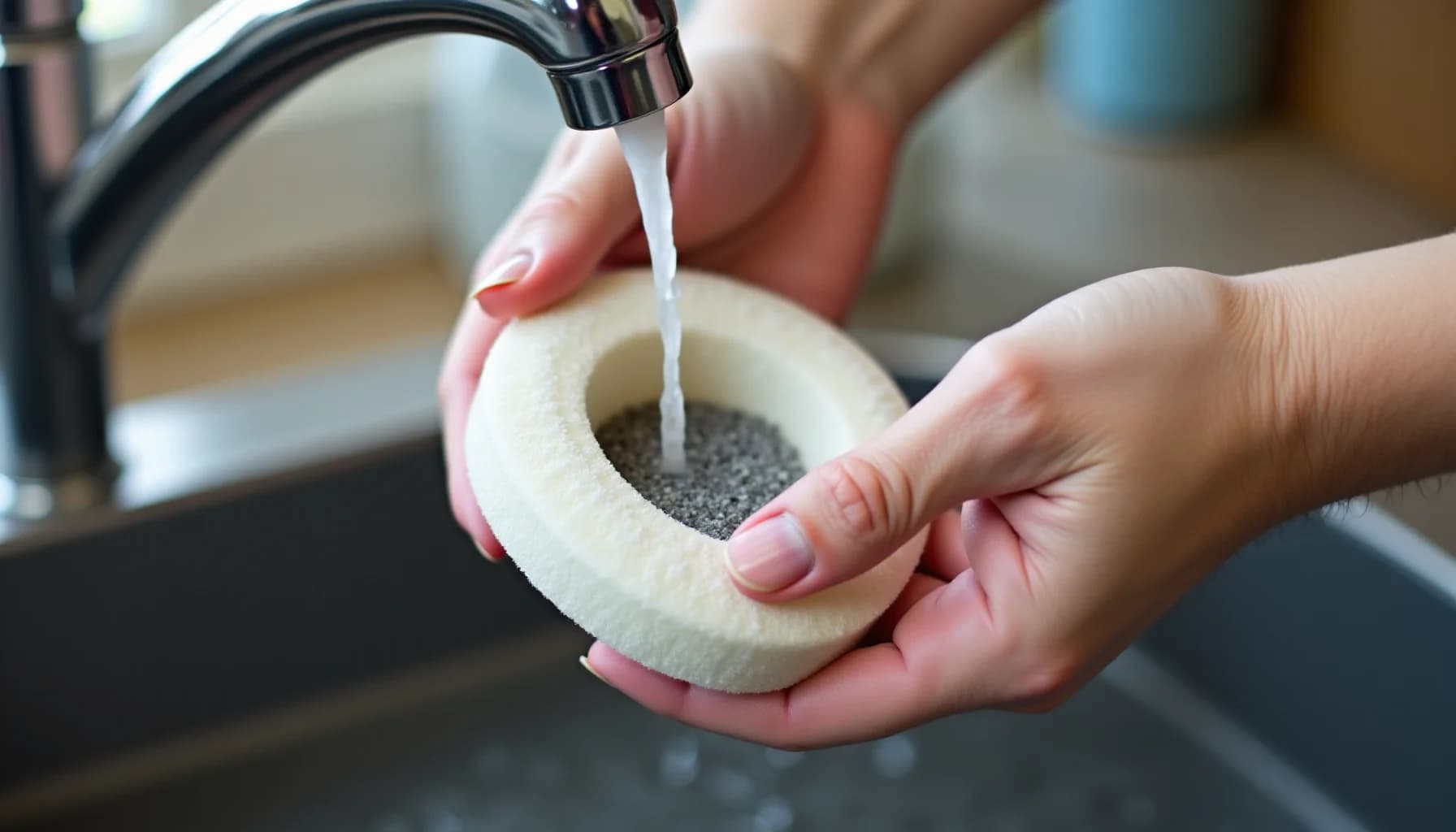 Hands holding a round foam filter under running tap water in a kitchen sink