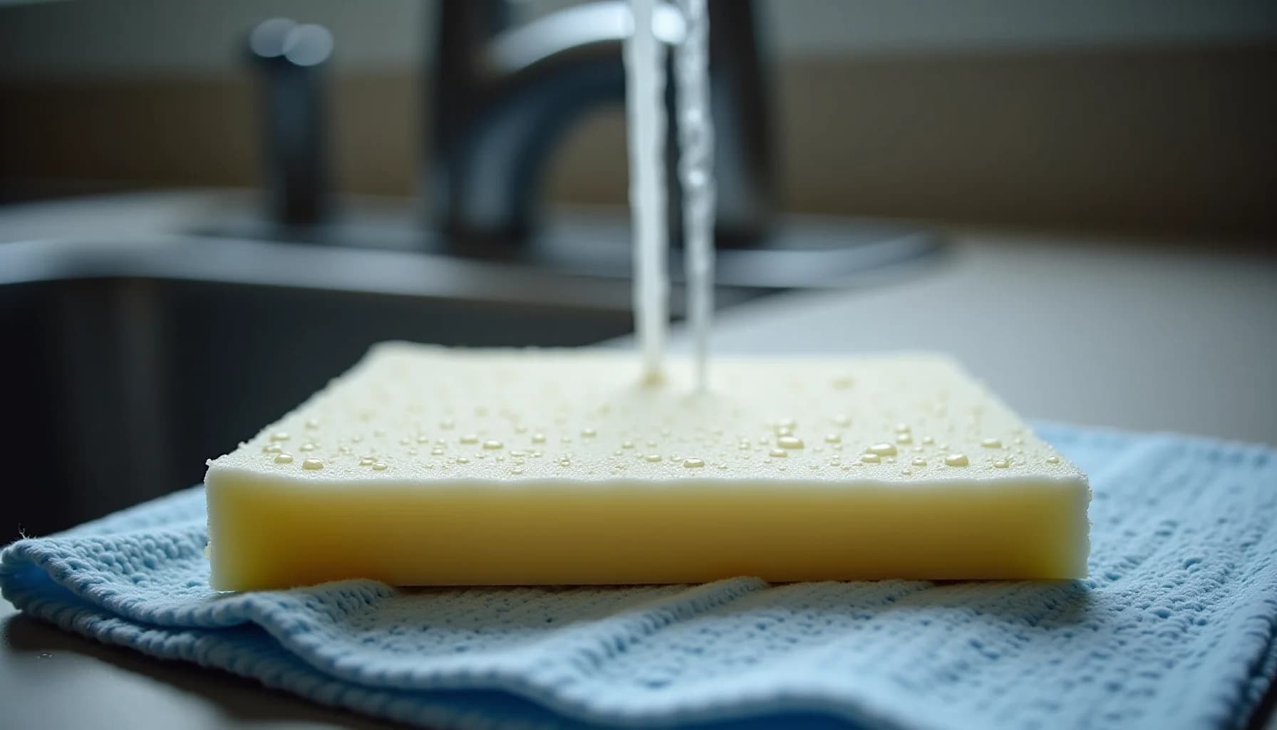 Yellow sponge on blue cloth beside a modern sink faucet with water droplets