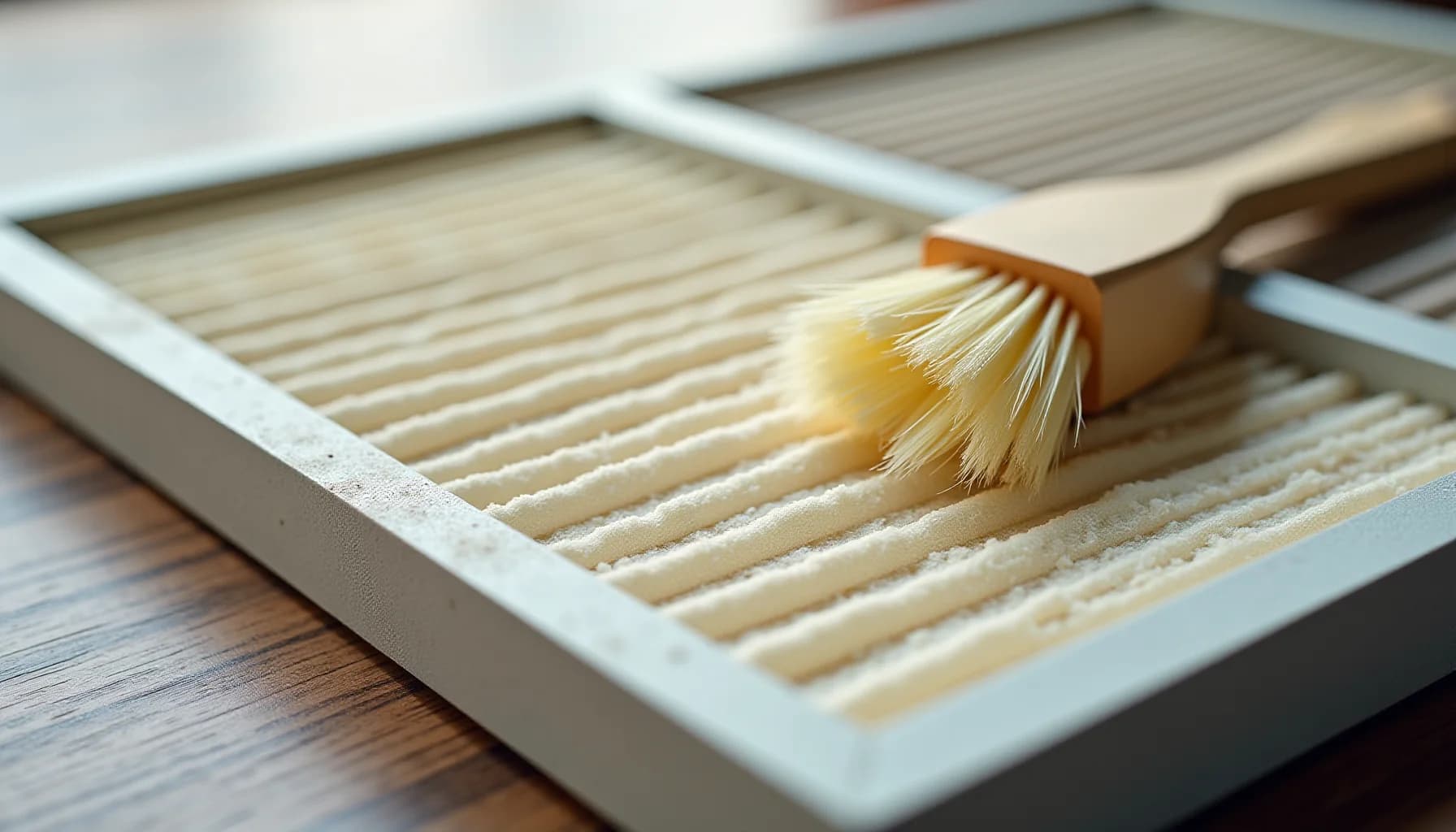 Paintbrushes with natural bristles and wooden handles resting on white-framed paint color sample strips arranged on a