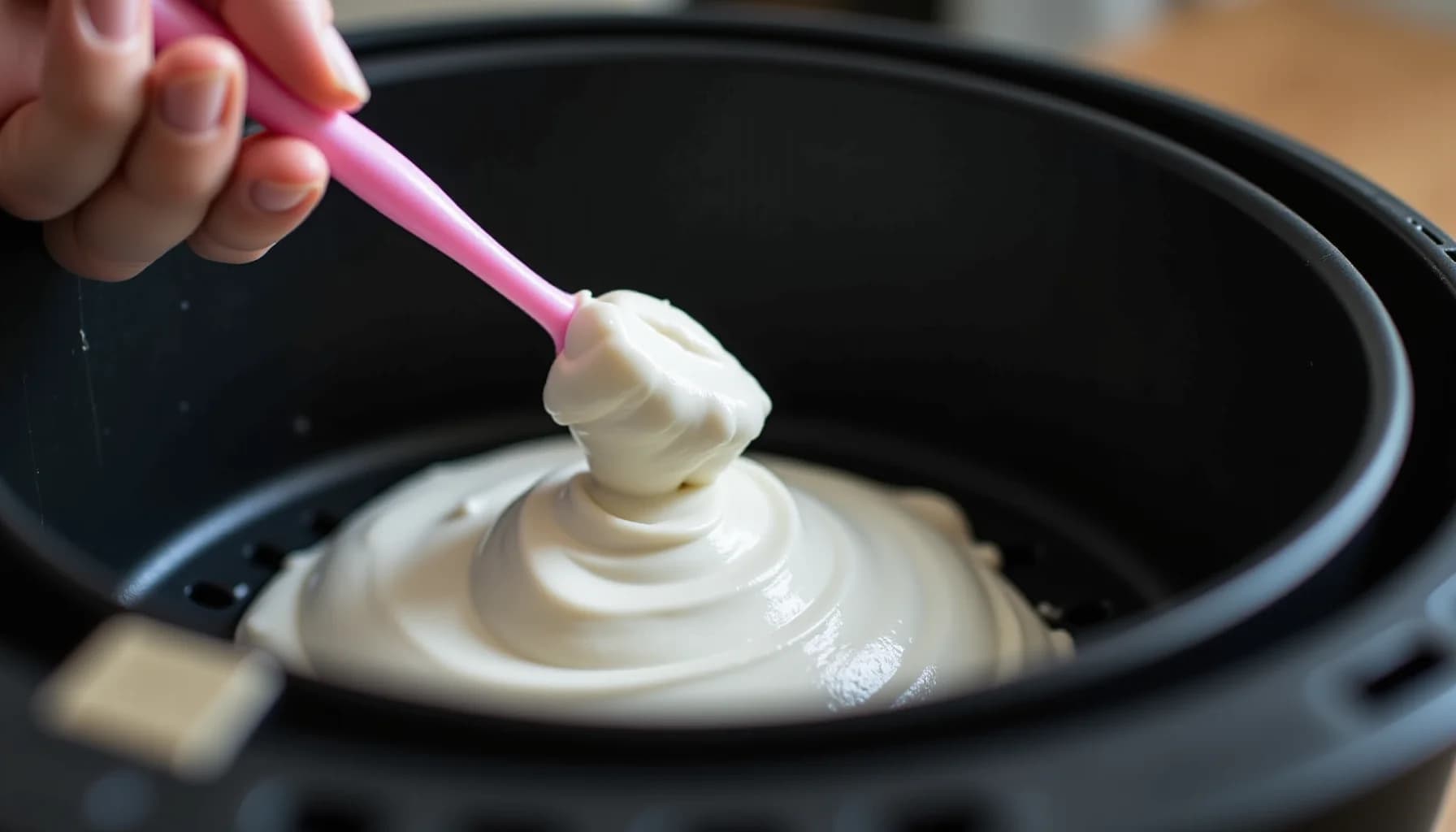 Hand holding pink spatula scraping white residue from inside black air fryer basket