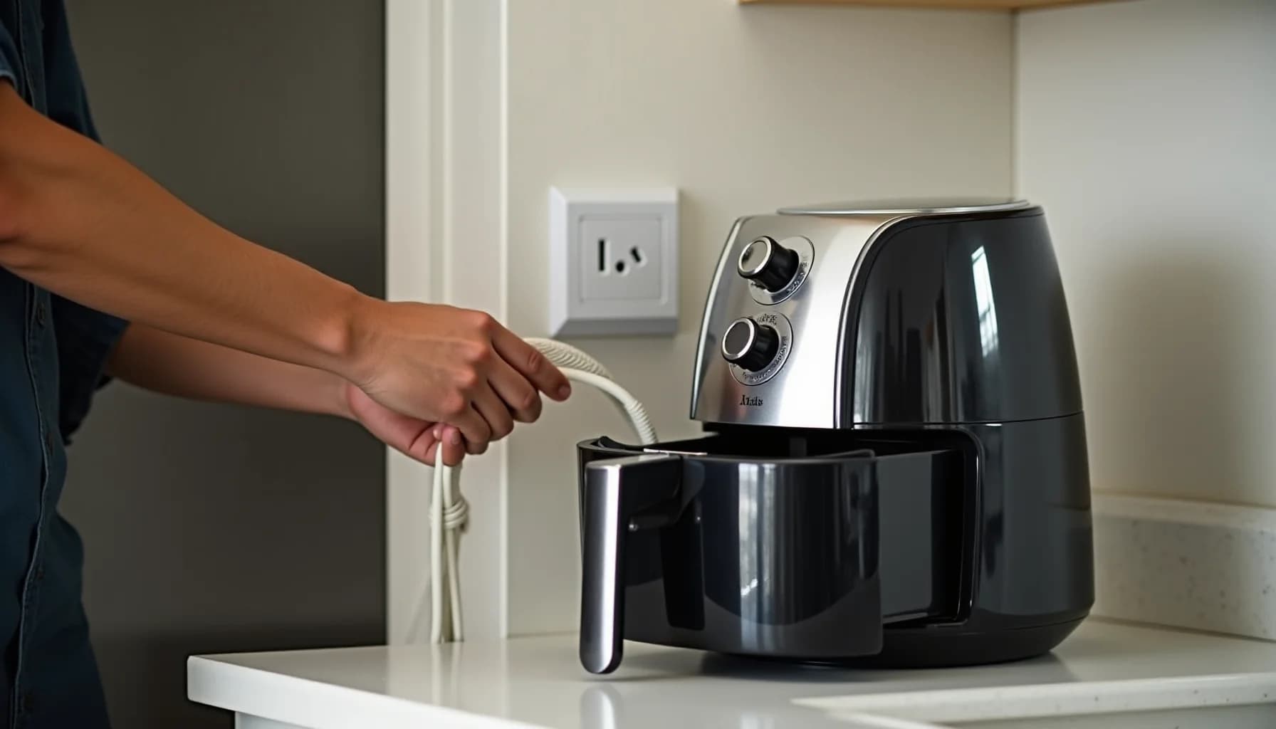 Person's hand holding cord of black-and-silver air fryer on white kitchen counter, with wall outlet and beige wall